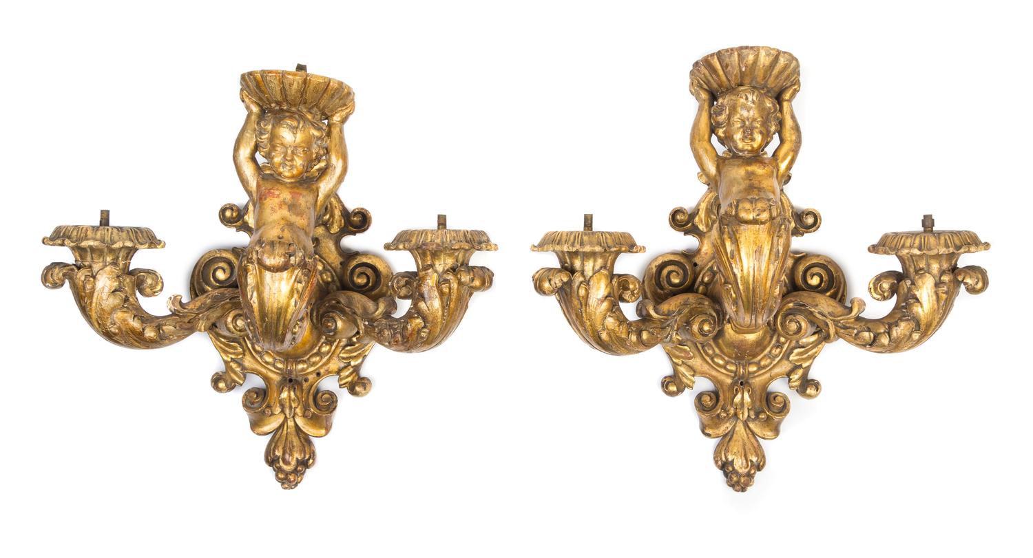 A Pair of Italian Giltwood Three-Light Sconces Height 17 1/2 inches. — 18TH/19TH CENTURY