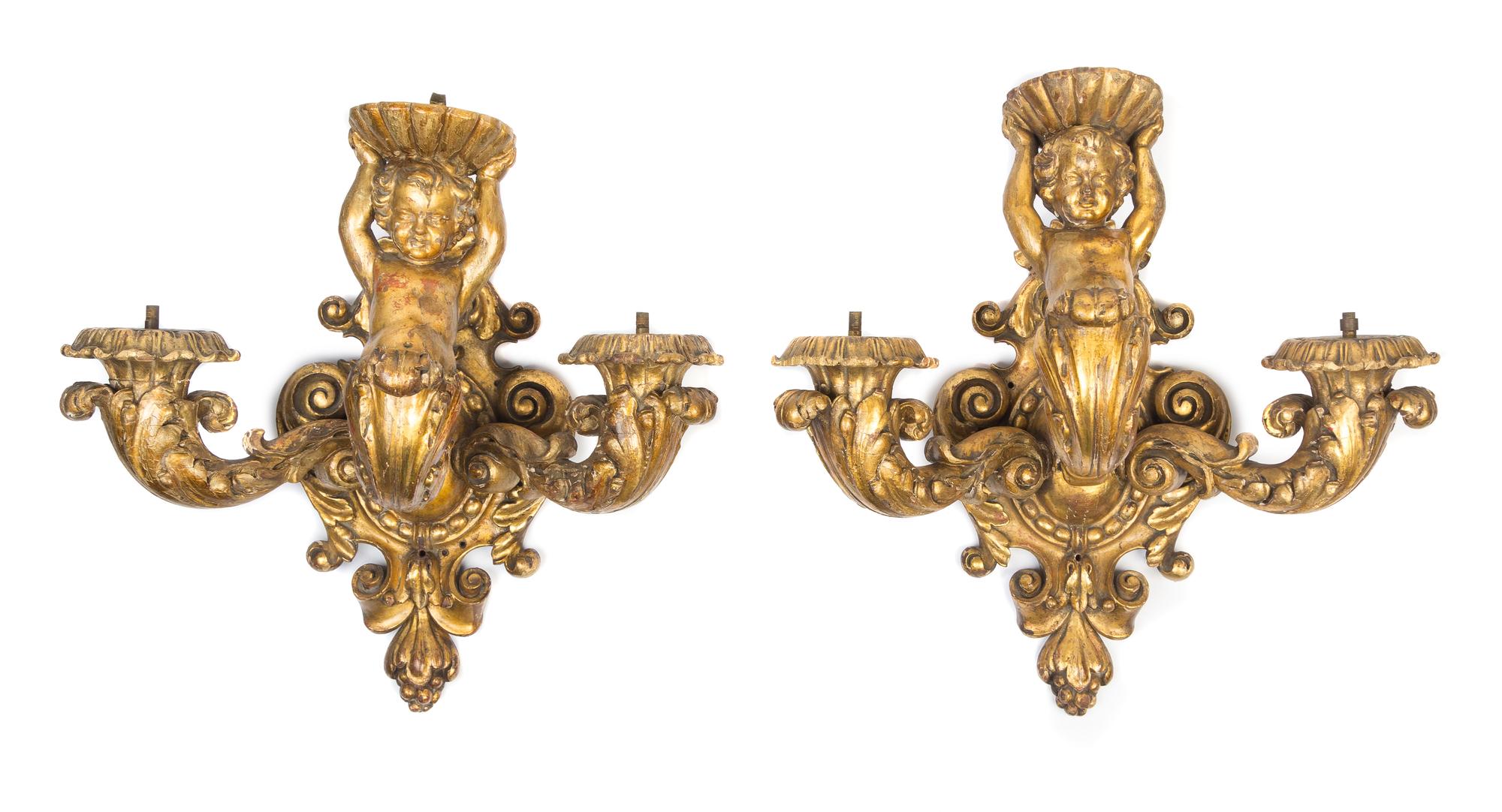A Pair of Italian Giltwood Three-Light Sconces Height 17 1/2 inches. — 18TH/19TH CENTURY