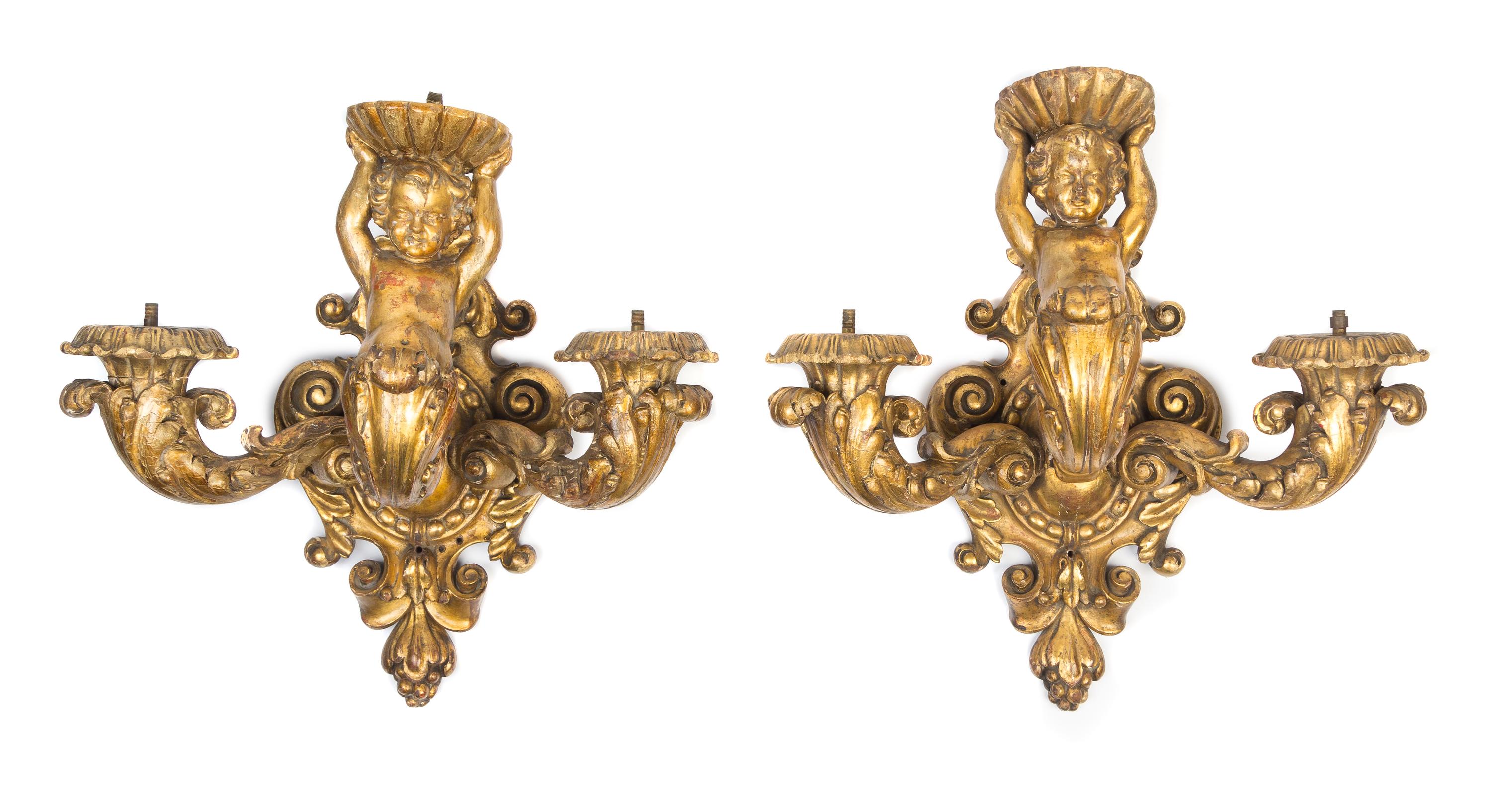 A Pair of Italian Giltwood Three-Light Sconces Height 17 1/2 inches. — 18TH/19TH CENTURY