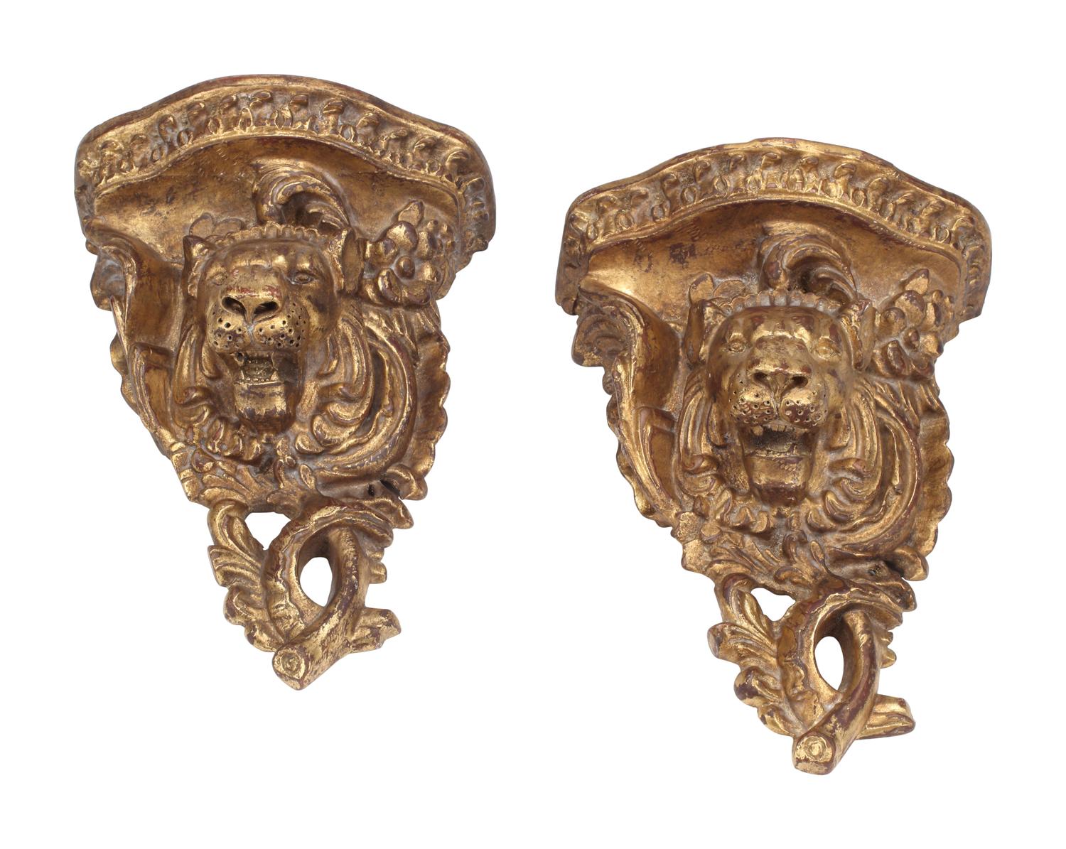 A Pair of Italian Giltwood Lion Motif Wall Brackets