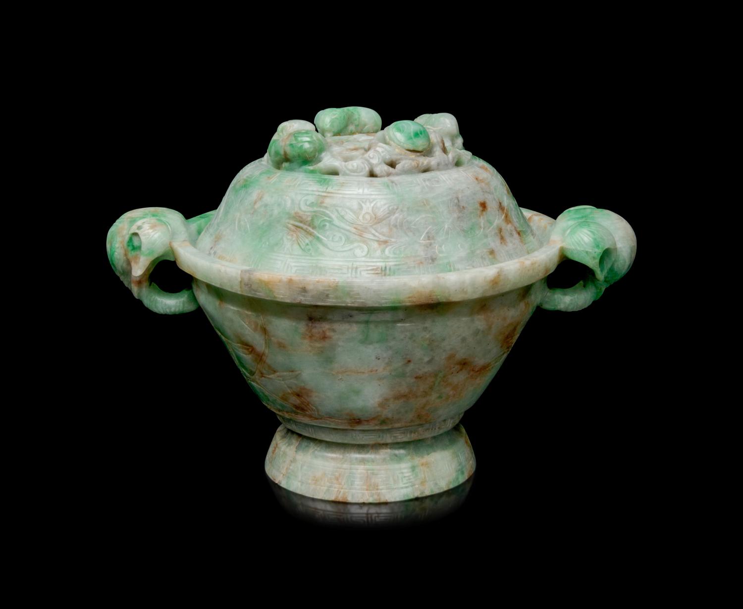 An Apple Green and Pale Celadon Jadeite Covered Bowl