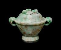 An Apple Green and Pale Celadon Jadeite Covered Bowl