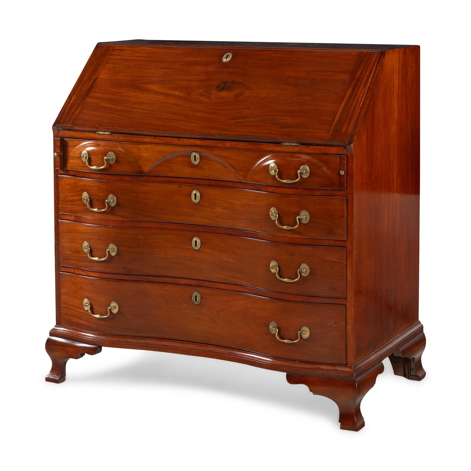 A Chippendale Walnut Serpentine Slant-Front Bureau