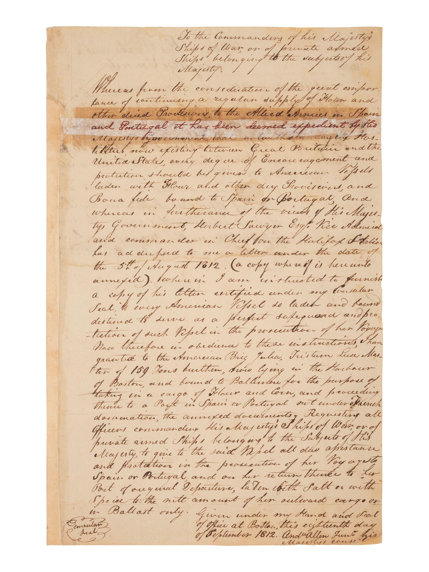 [WAR OF 1812]. ALLEN, Andrew, Jr. Manuscript document signed ("And'w Allen Junr."). 18 September 1812. Addressed to the Commanders of his Majesty's Ships of War, or of private armed Ships belonging to the subjects of his Majesty.
