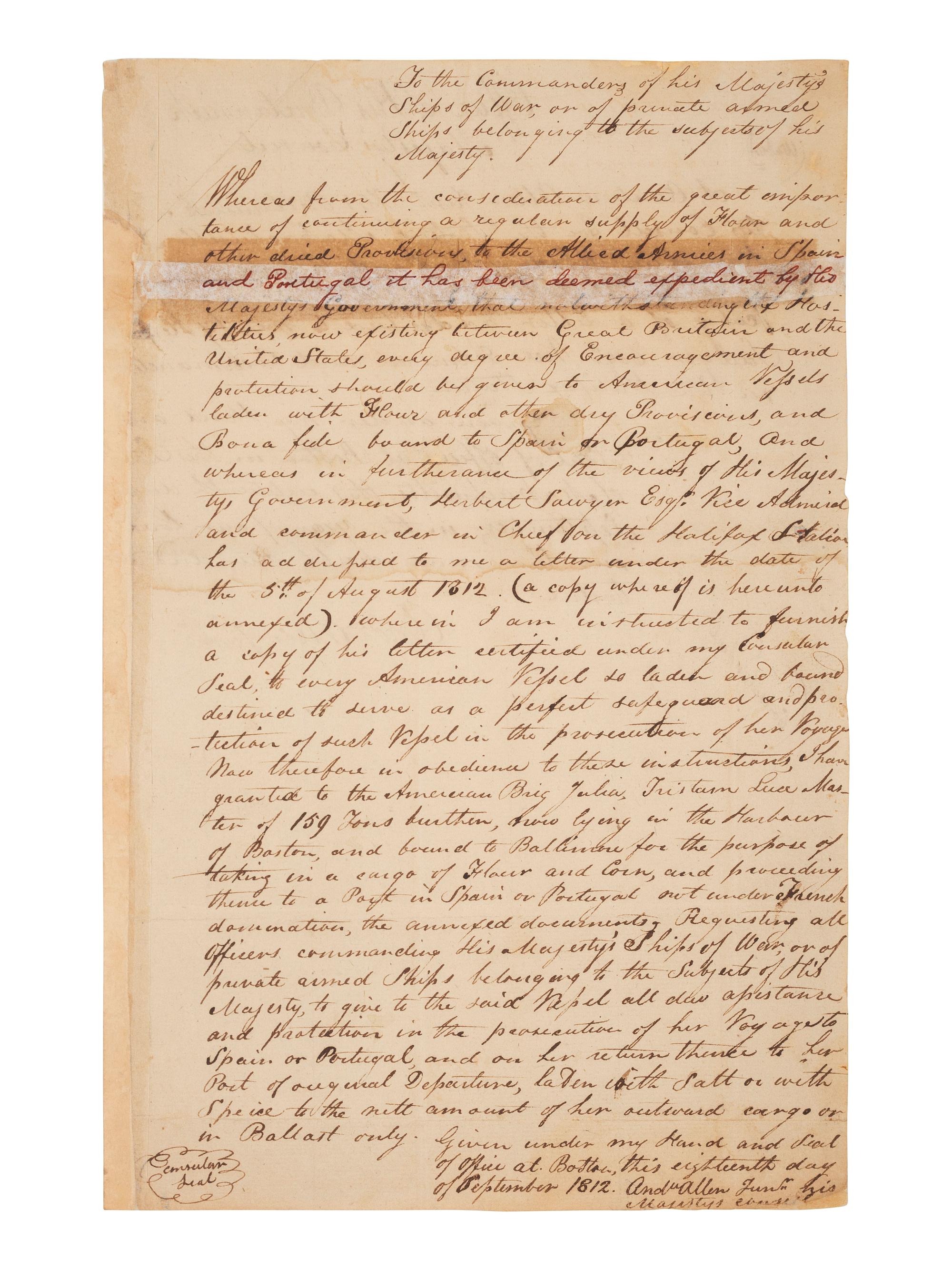 [WAR OF 1812]. ALLEN, Andrew, Jr. Manuscript document signed ("And'w Allen Junr."). 18 September 1812. Addressed to the Commanders of his Majesty's Ships of War, or of private armed Ships belonging to the subjects of his Majesty.