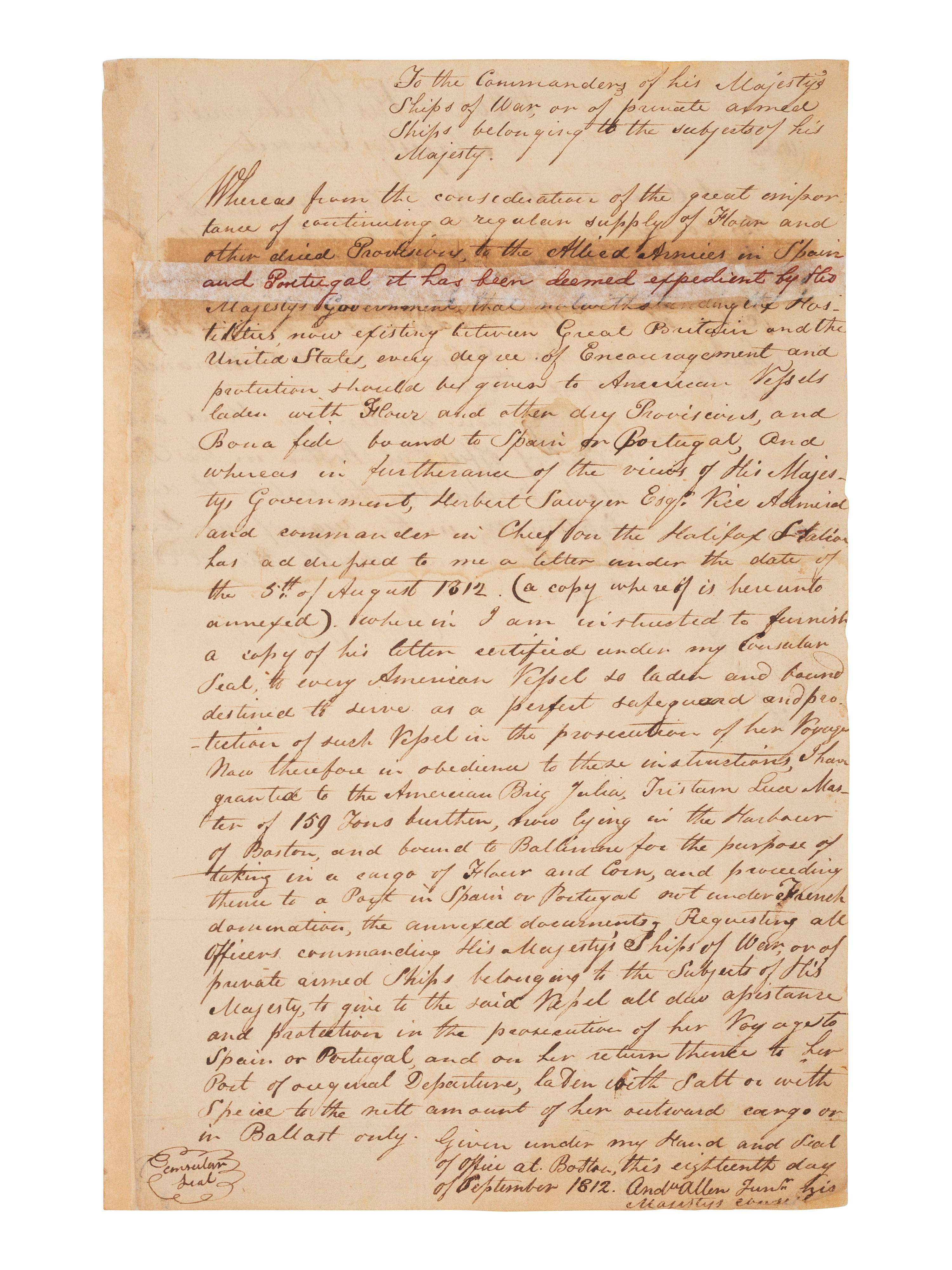 [WAR OF 1812]. ALLEN, Andrew, Jr. Manuscript document signed ("And'w Allen Junr."). 18 September 1812. Addressed to the Commanders of his Majesty's Ships of War, or of private armed Ships belonging to the subjects of his Majesty.
