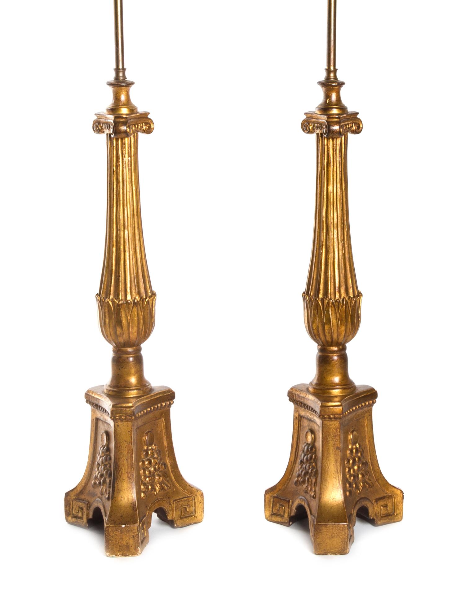 A Pair of Italian Giltwood Table Lamps, Height overall 37 inches.