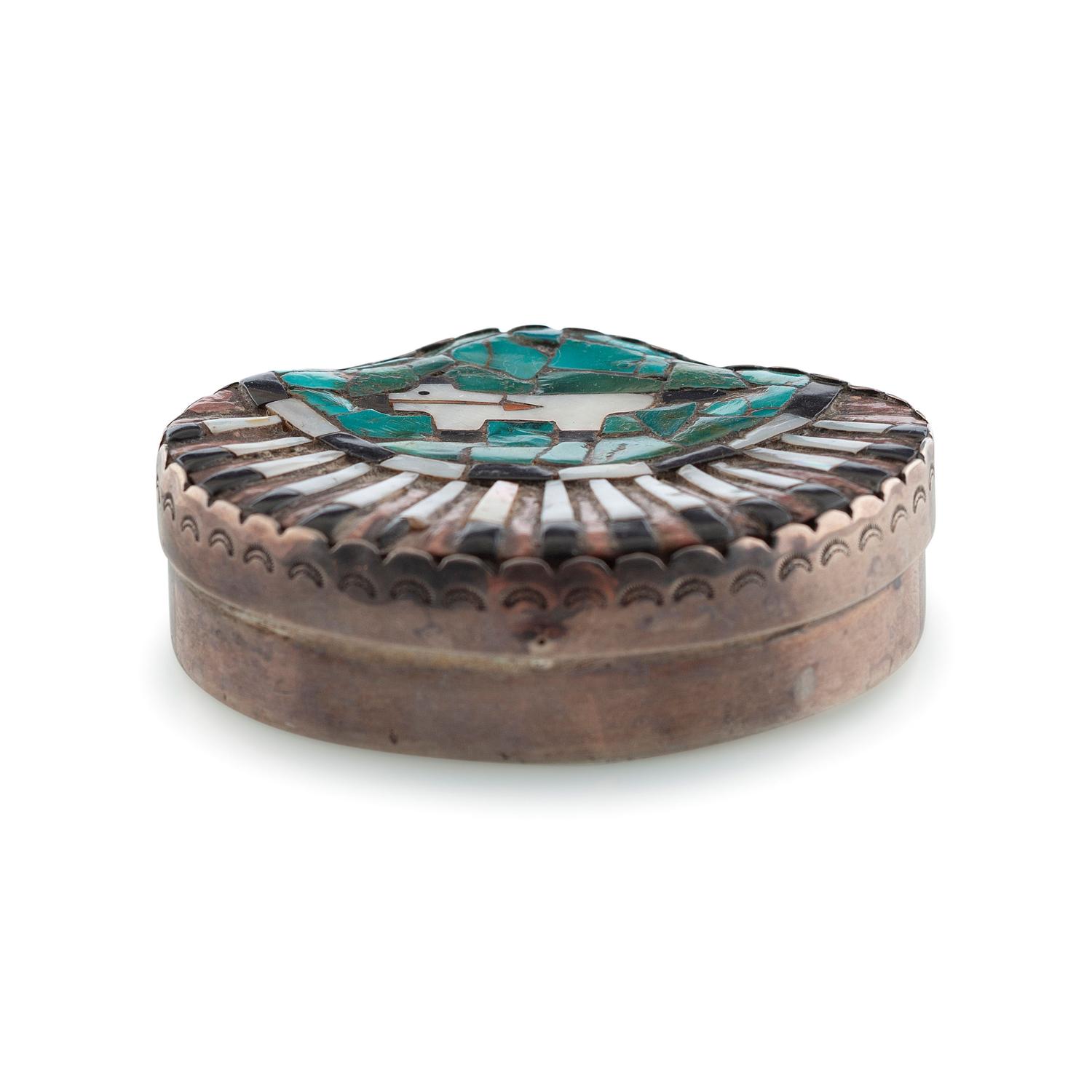 Shell-Shaped Sterling Silver Lidded Box, with Mosaic Inlay and Heartline Bear