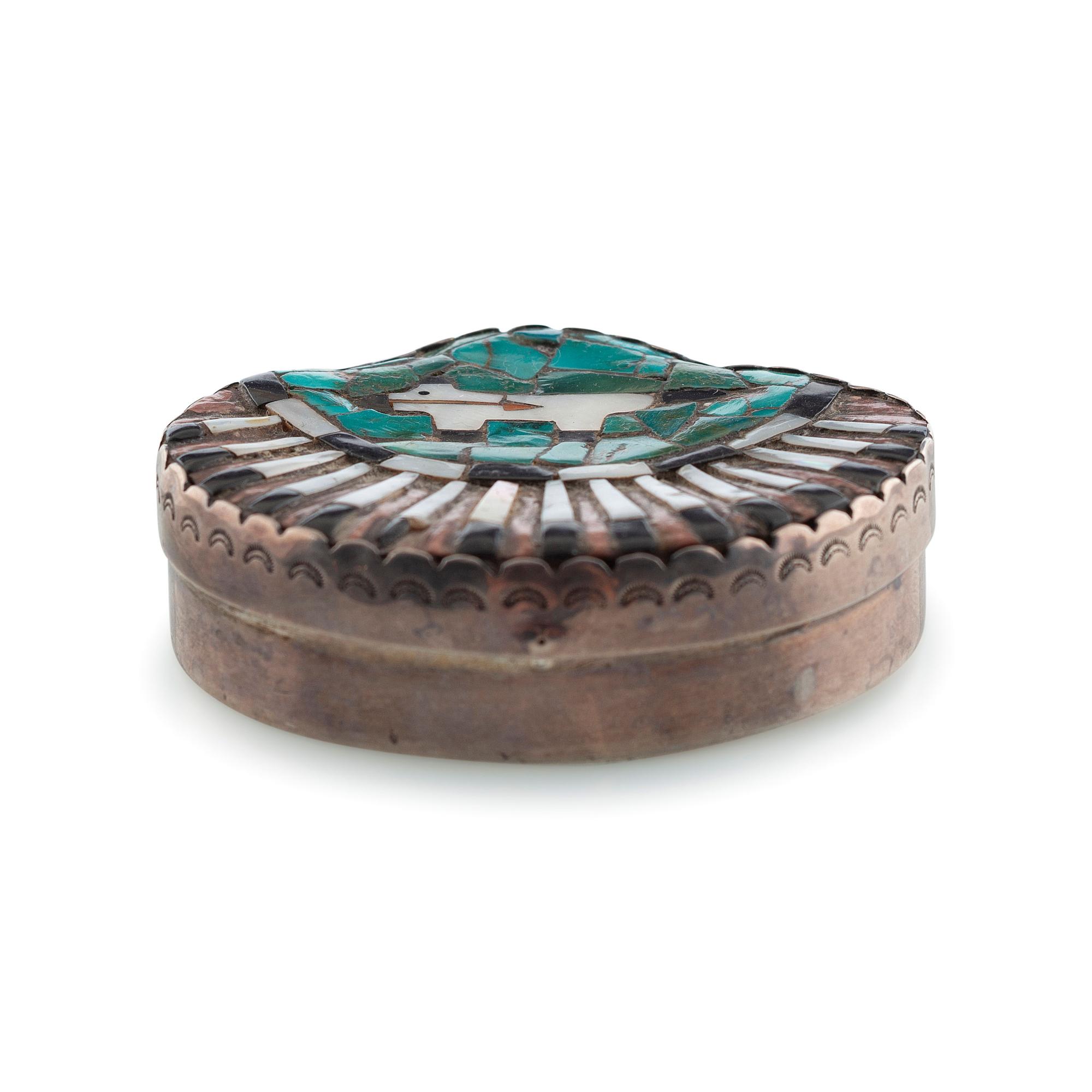 Shell-Shaped Sterling Silver Lidded Box, with Mosaic Inlay and Heartline Bear
