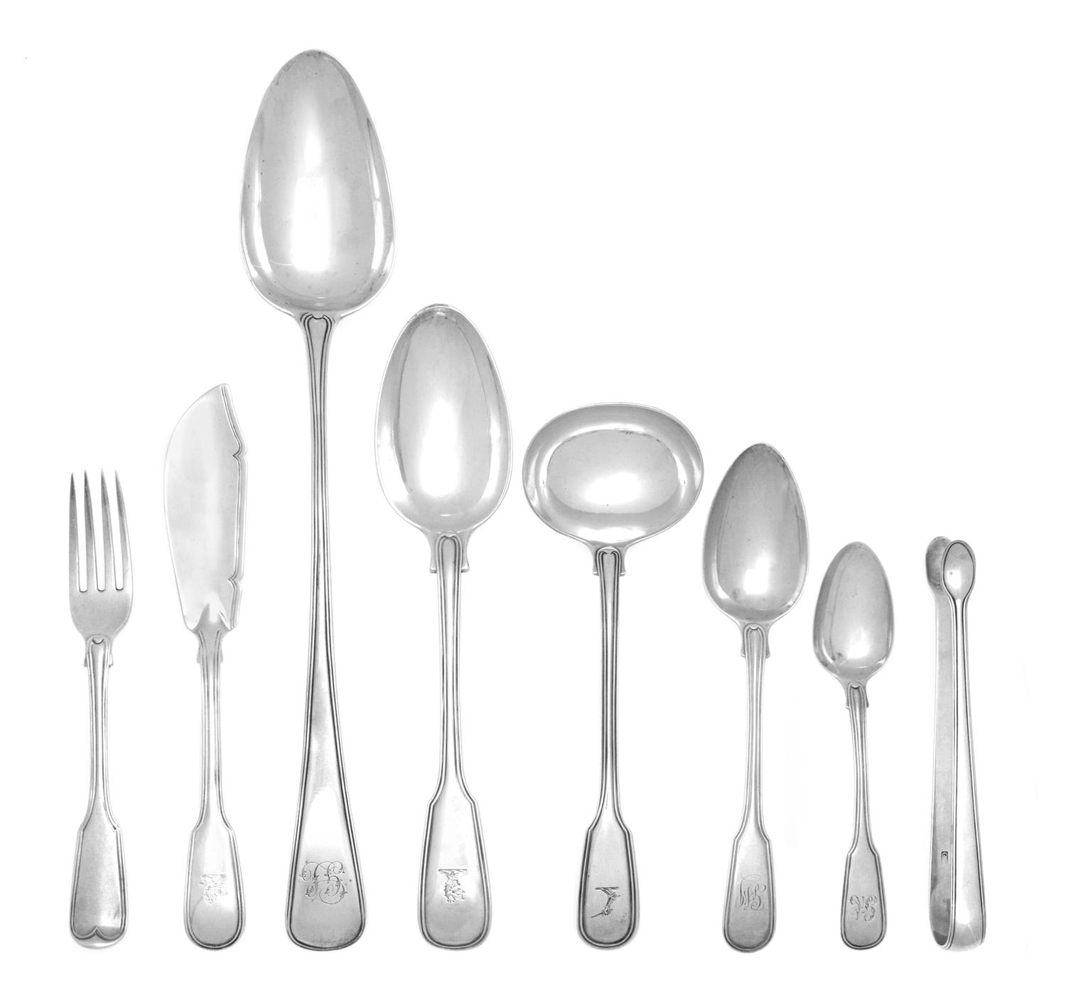 An Assembled Georgian Silver Flatware Service, William Ely & William Fearn, John Wren, Solomon Hougham and others, Fiddle and Thread pa