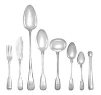 An Assembled Georgian Silver Flatware Service, William Ely & William Fearn, John Wren, Solomon Hougham and others, Fiddle and Thread pa