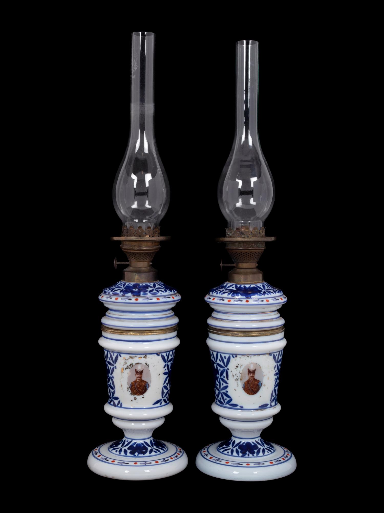 A Pair of Persian Market Opaline Glass Oil Lamps