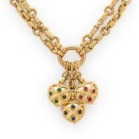 EMERALD, SAPPHIRE, RUBY, AND YELLOW GOLD HEART NECKLACE