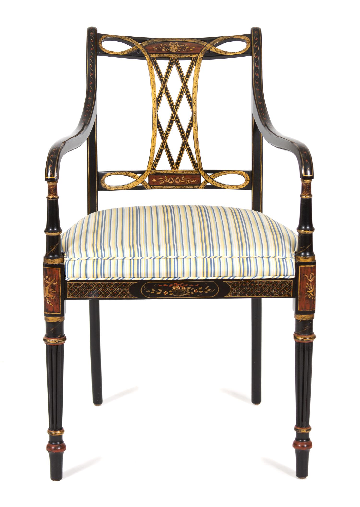 A Regency Style Ebonized and Gilt Decorated Open Armchair Height 37 inches. — LATE 19TH CENTURY