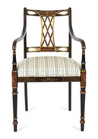A Regency Style Ebonized and Gilt Decorated Open Armchair Height 37 inches. — LATE 19TH CENTURY
