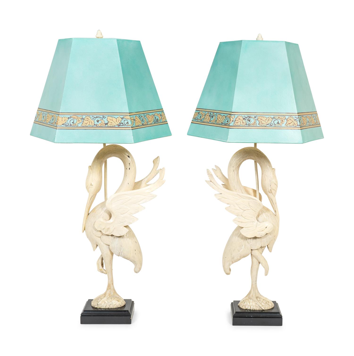 A Pair of White-Painted Carved Crane Lamps