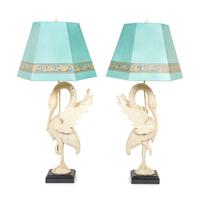 A Pair of White-Painted Carved Crane Lamps