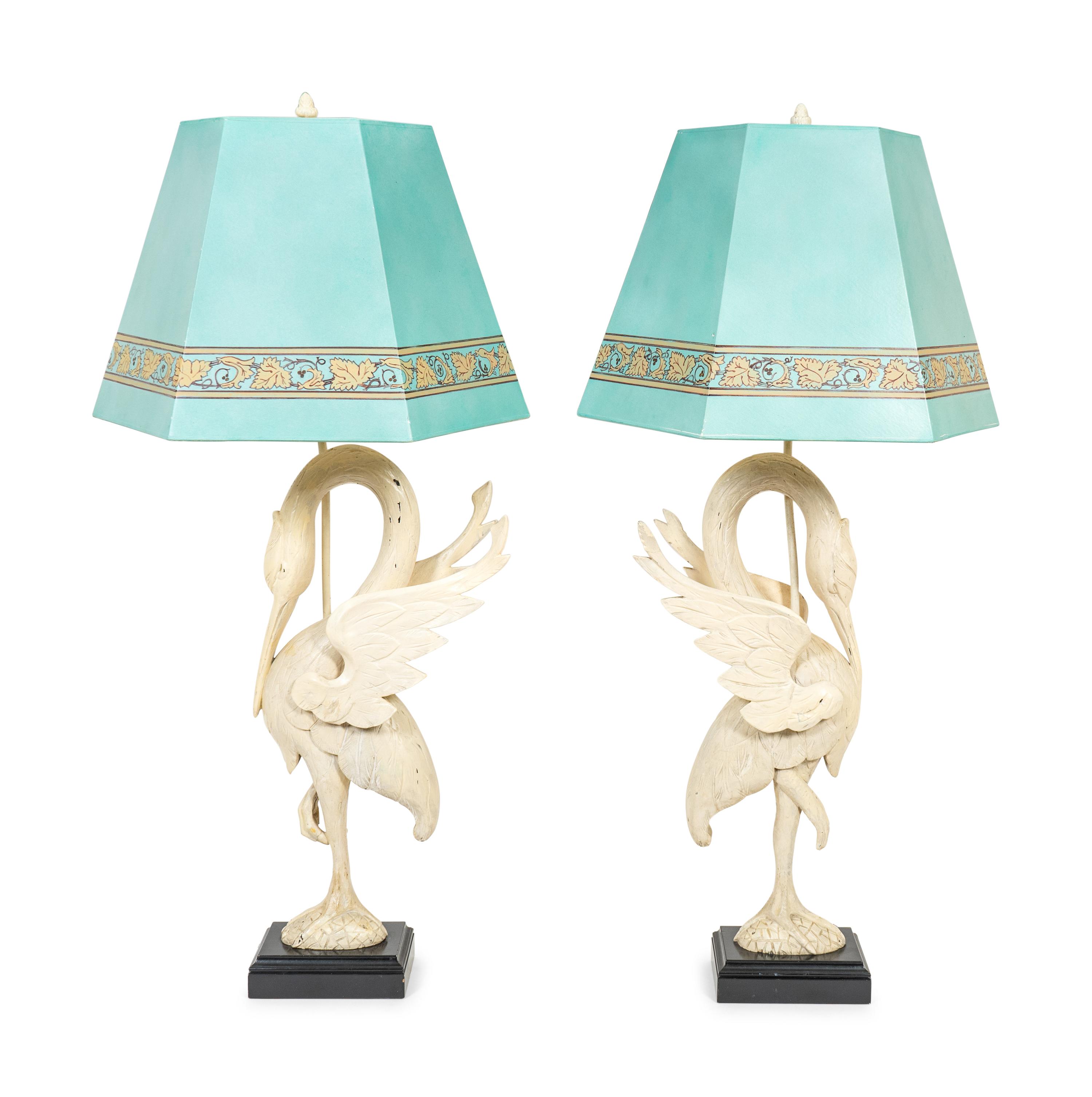 A Pair of White-Painted Carved Crane Lamps