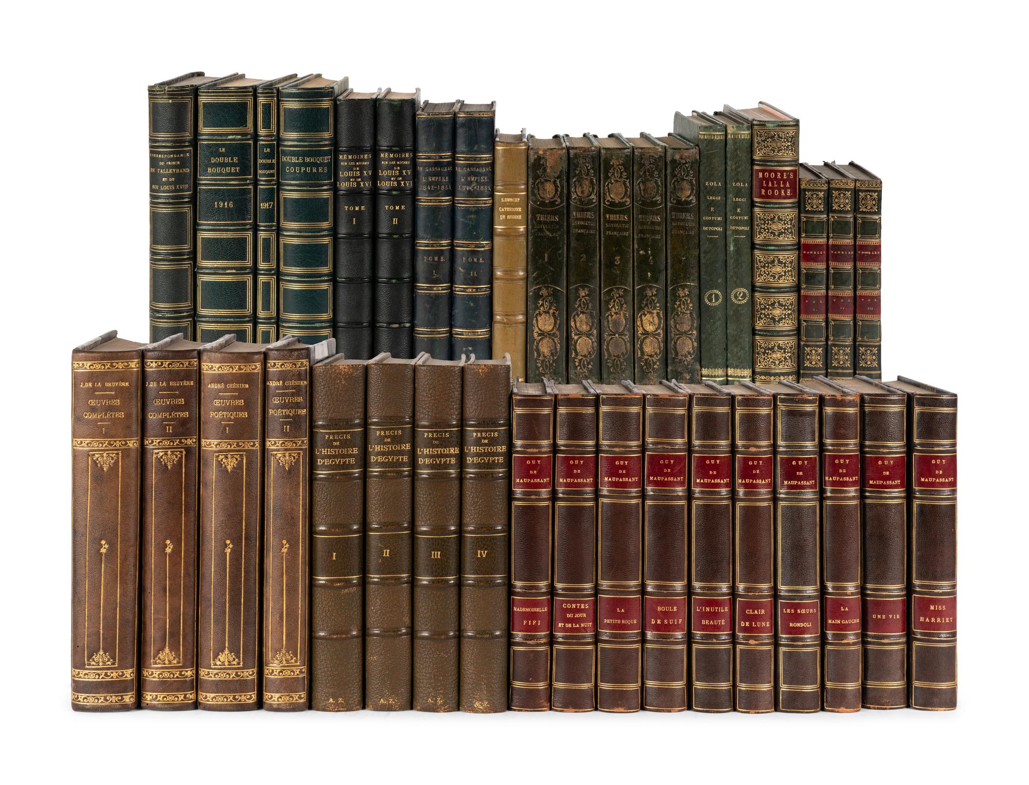 [FINE BINDINGS]. A group of 38 volumes in fine full, half, or quarter leather bindings, including works relating to literature and history, most in French.