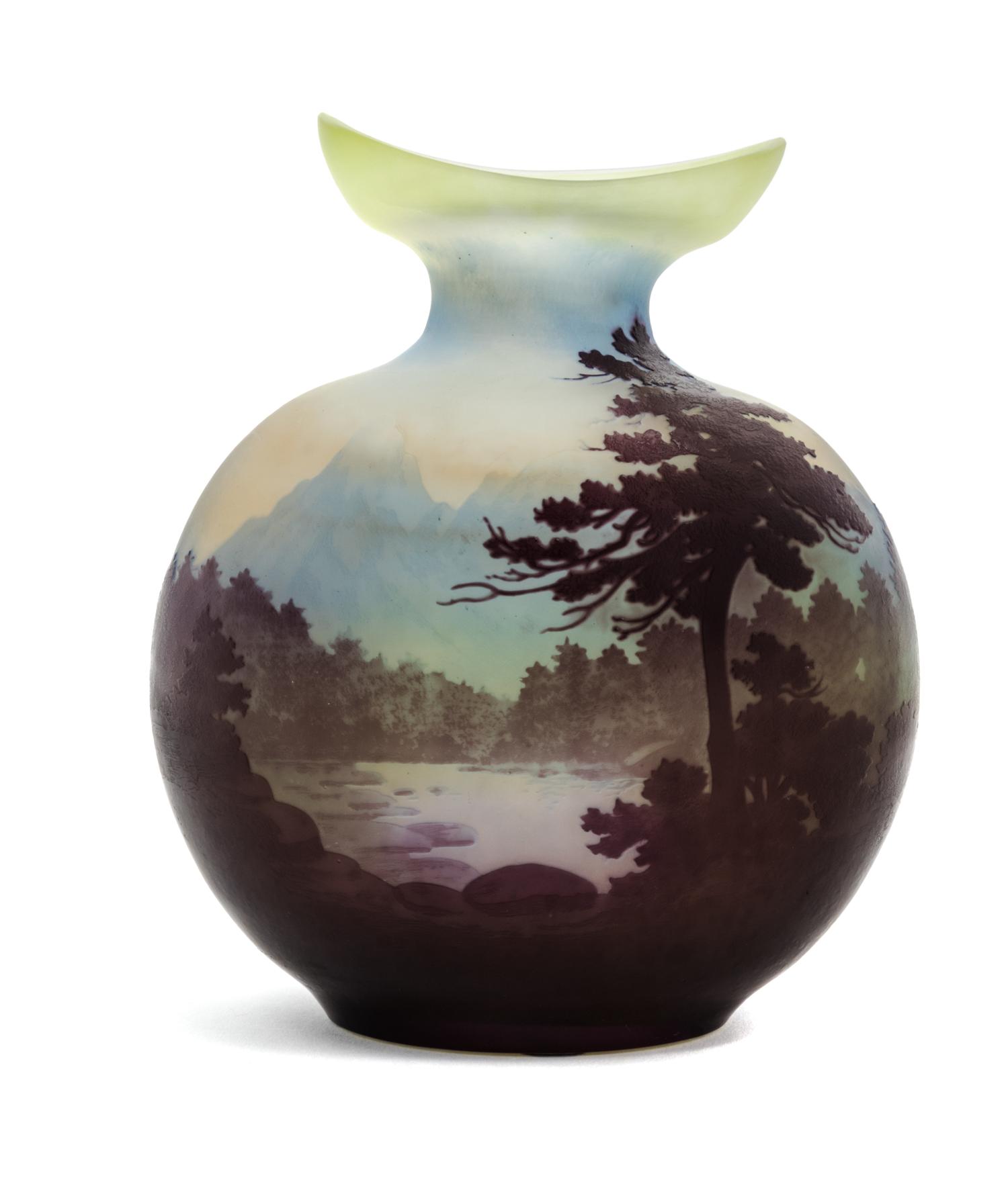 Emile Galle, (French, 1846-1904), a cameo glass vase, of flask form with landscape decoration