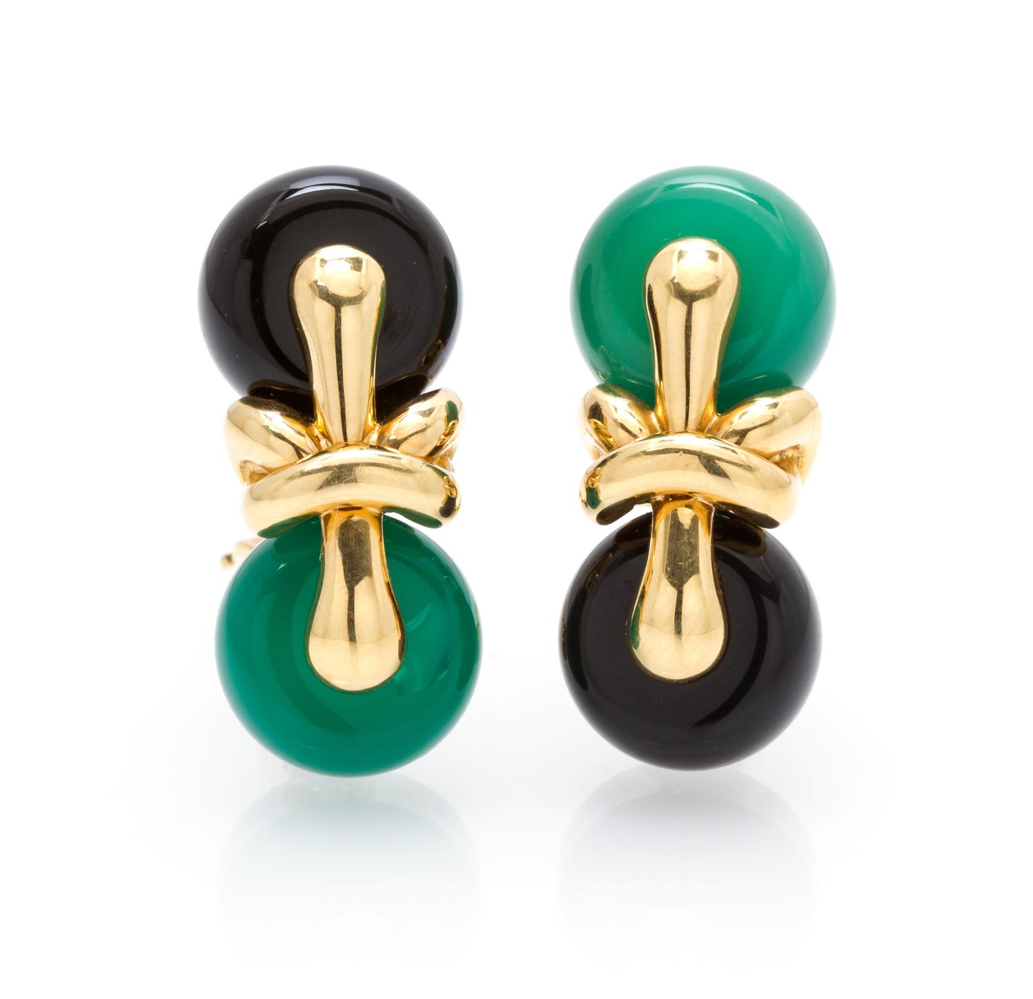 A Pair of 18 Karat Yellow Gold, Onyx and Dyed green Chalcedony Earclips, Marina B., 23.60 dwts.