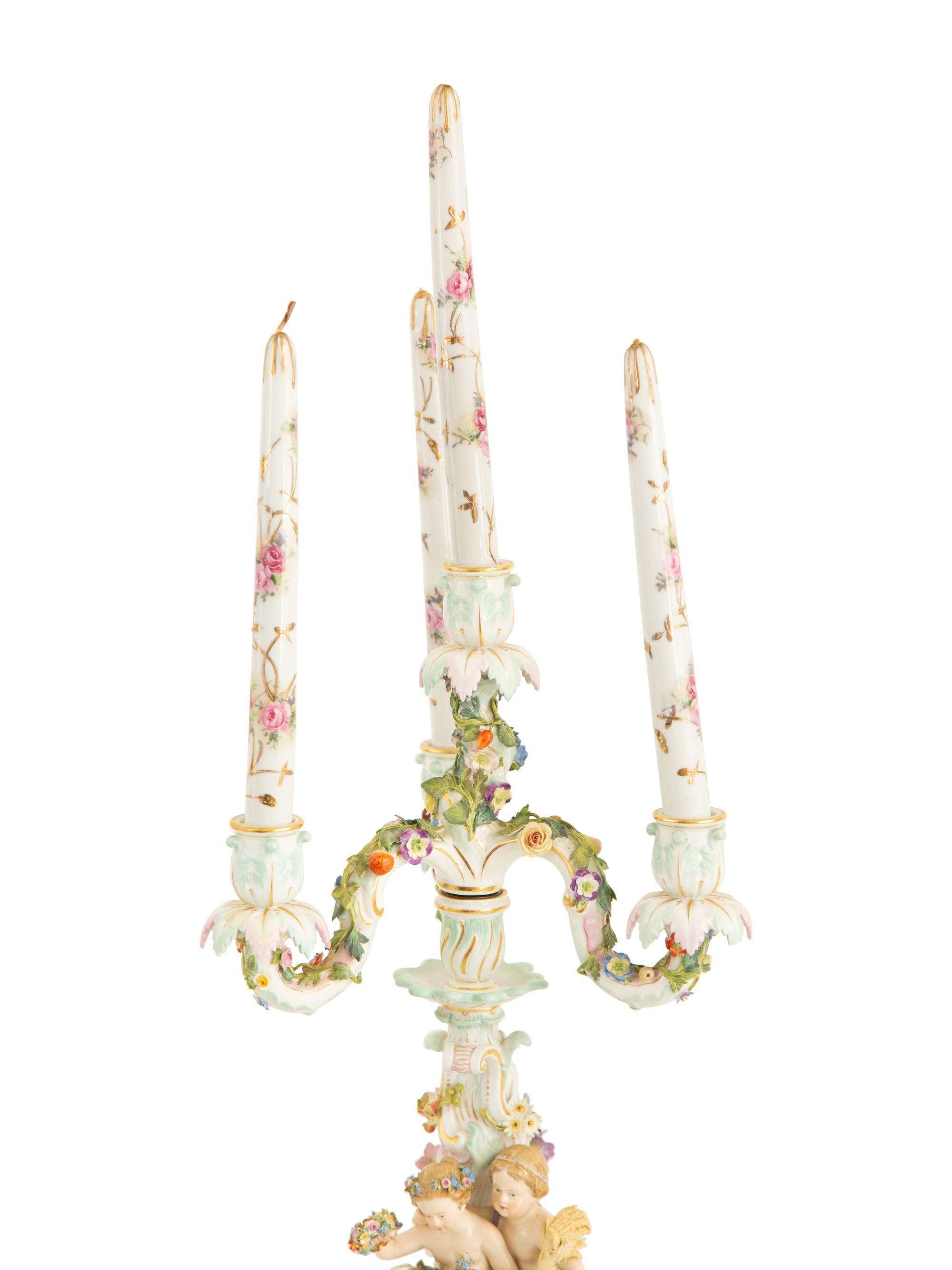 A Pair of Meissen Porcelain Figural Four Light Candelabra