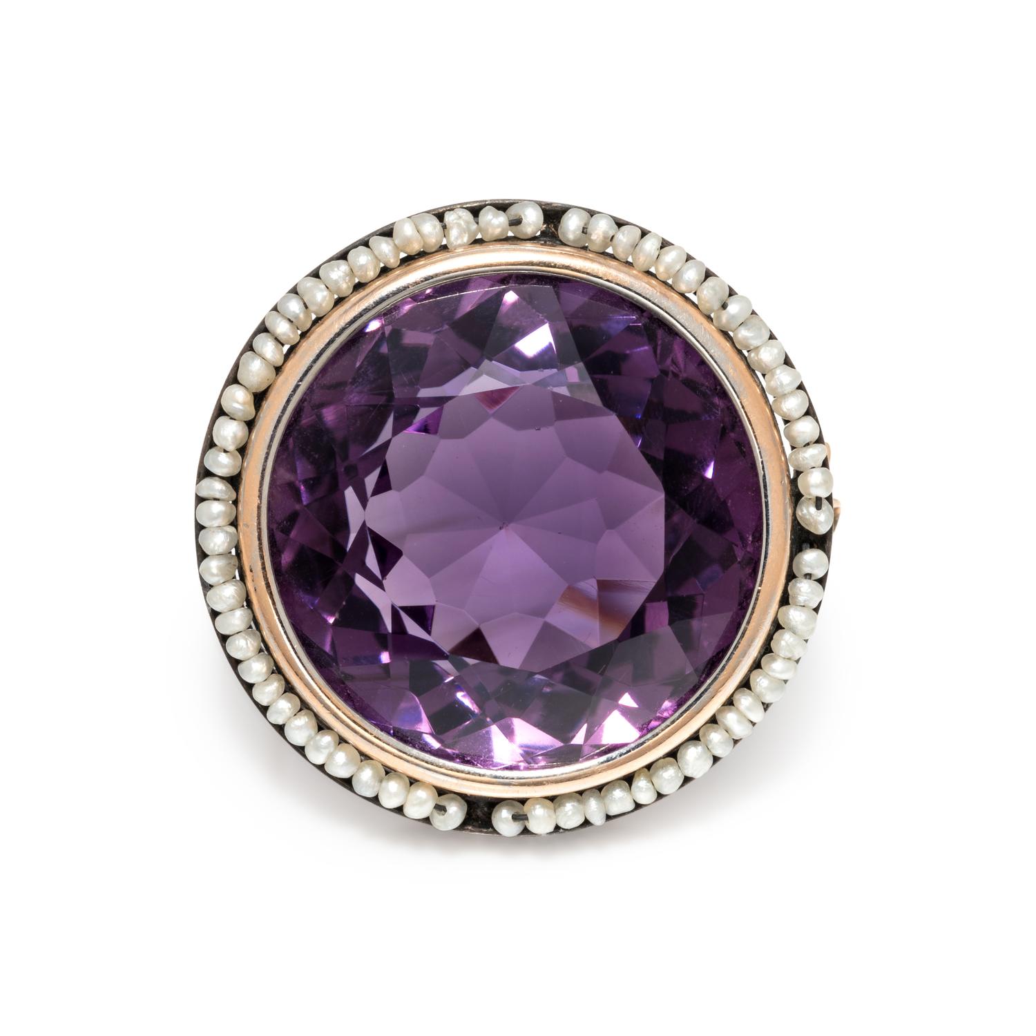 ANTIQUE, AMETHYST AND SEED PEARL BROOCH