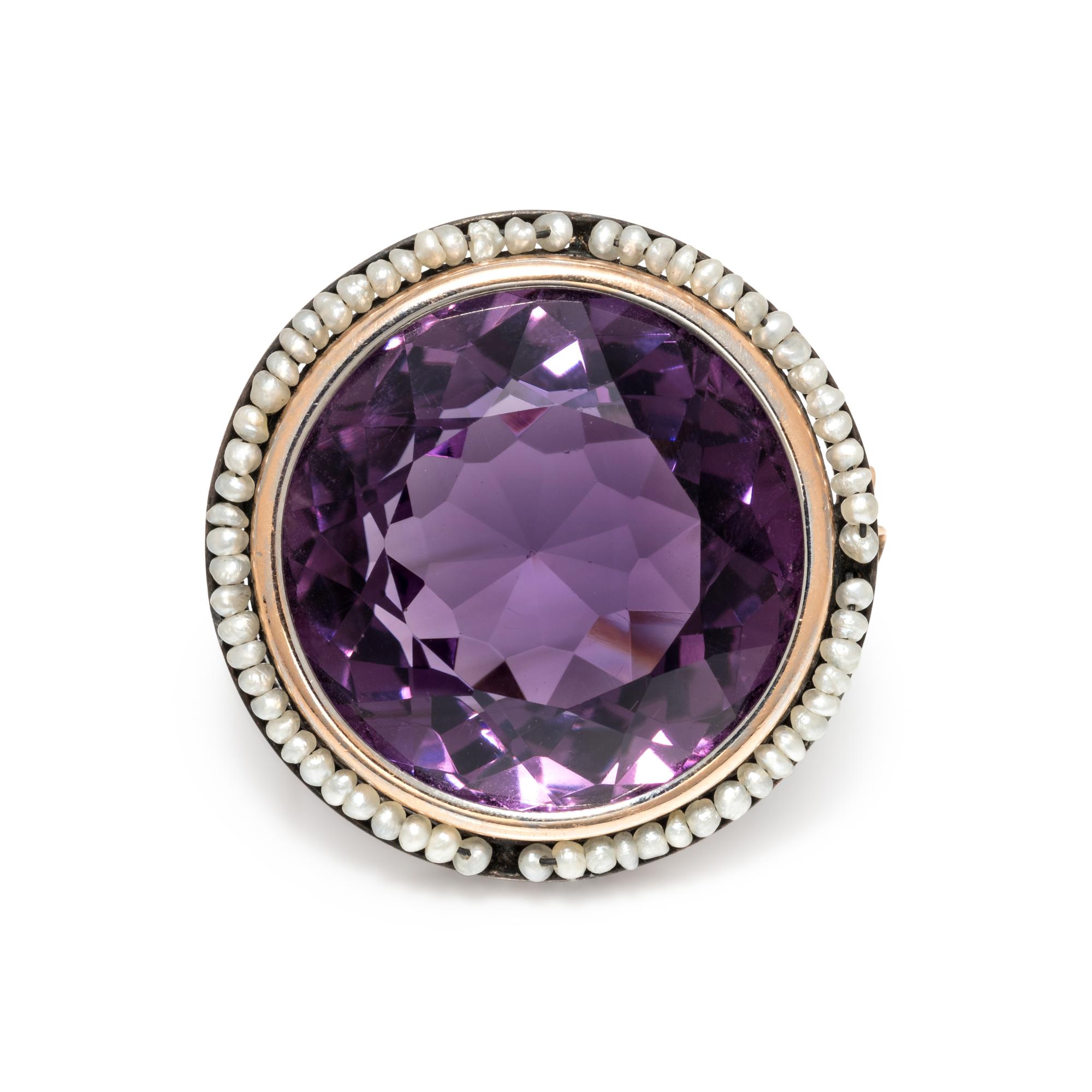 ANTIQUE, AMETHYST AND SEED PEARL BROOCH