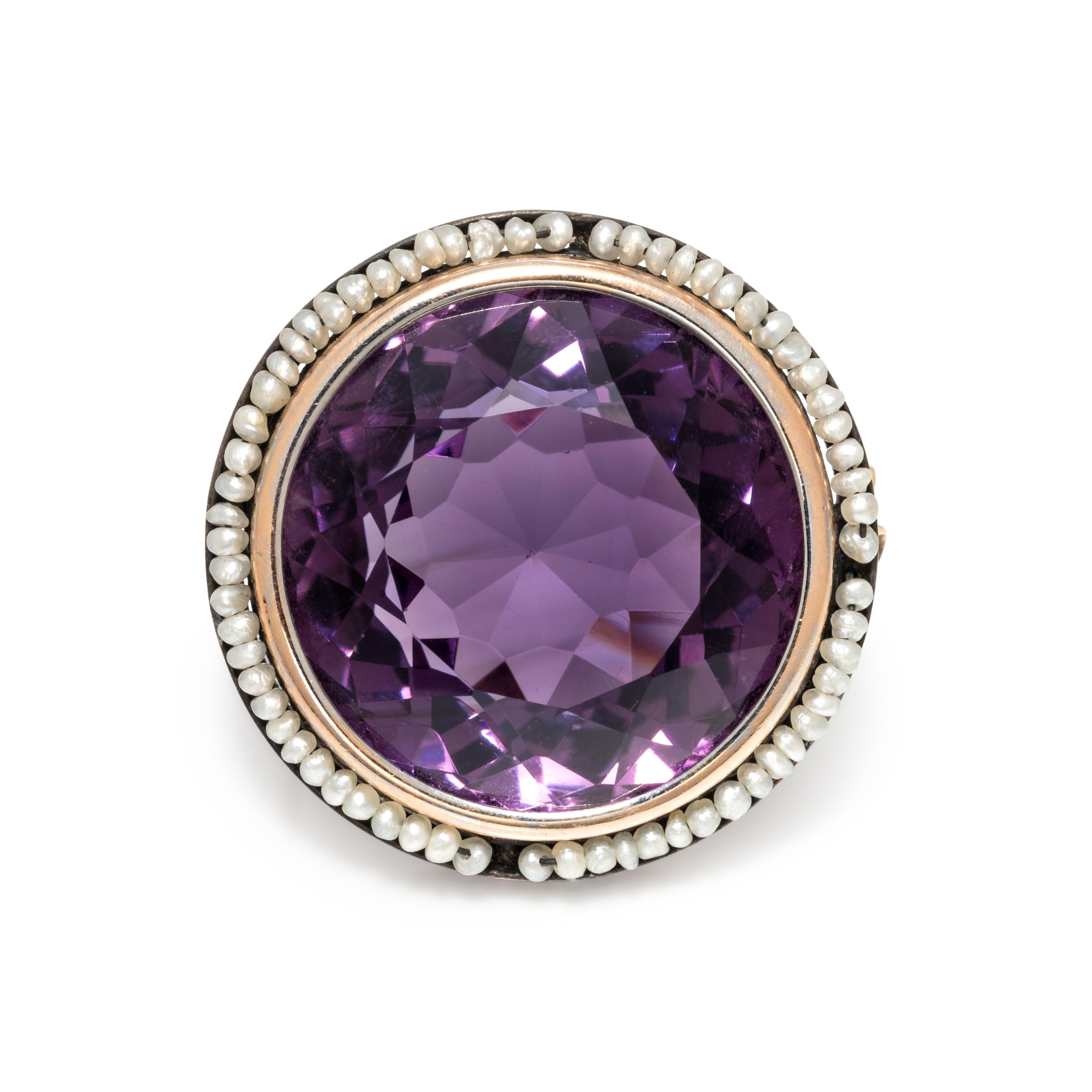 ANTIQUE, AMETHYST AND SEED PEARL BROOCH