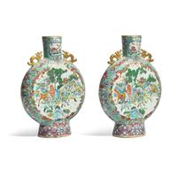 A Pair of Chinese Export Porcelain Rose Mandarin Moon Flasks