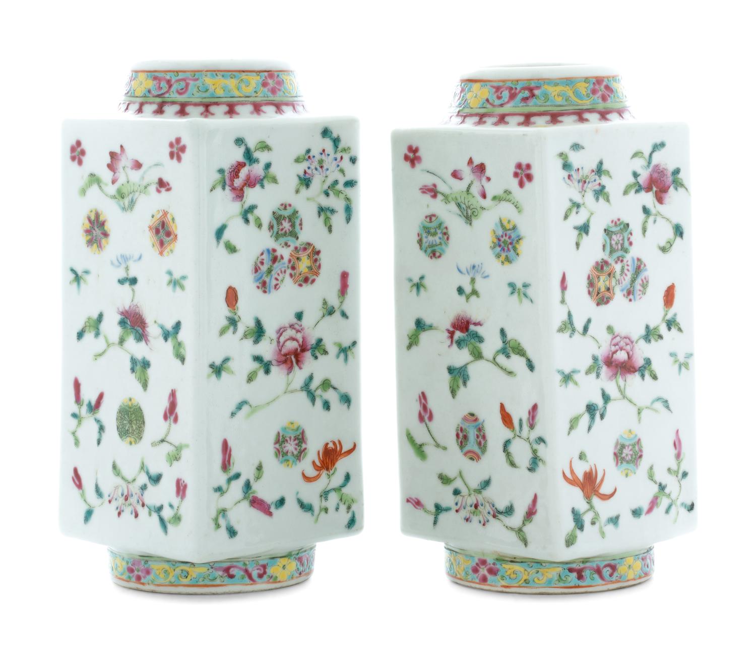 A Pair of Chinese Famille Rose Porcelain Cong Vases