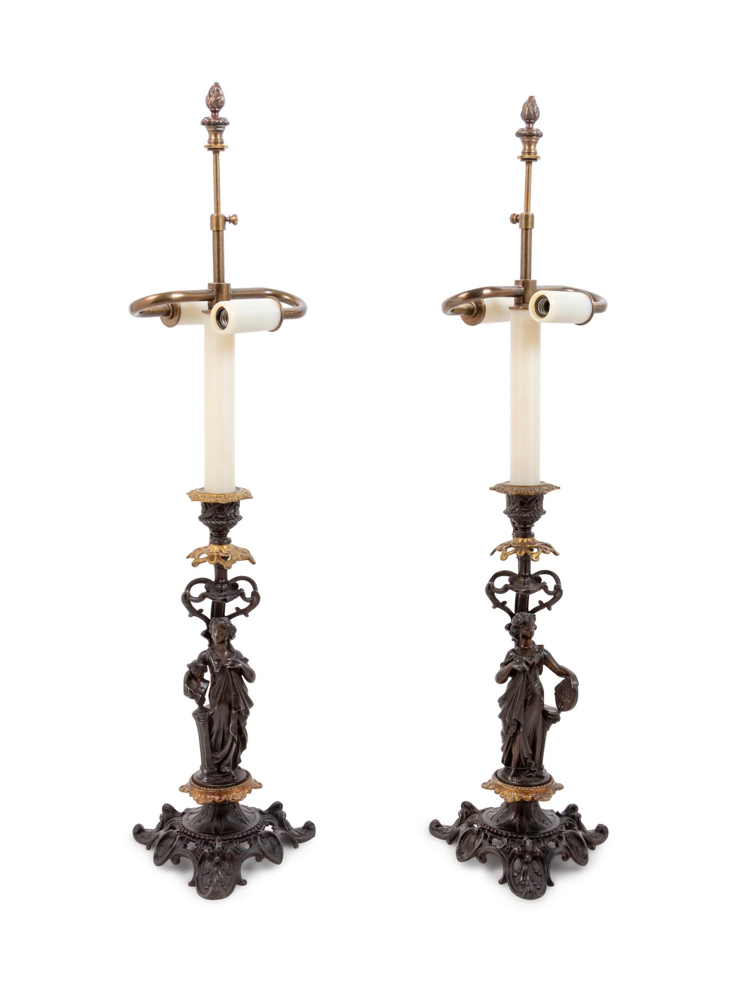 A Pair of French Gilt and Patinated Bronze Figures Mounted as Lamps