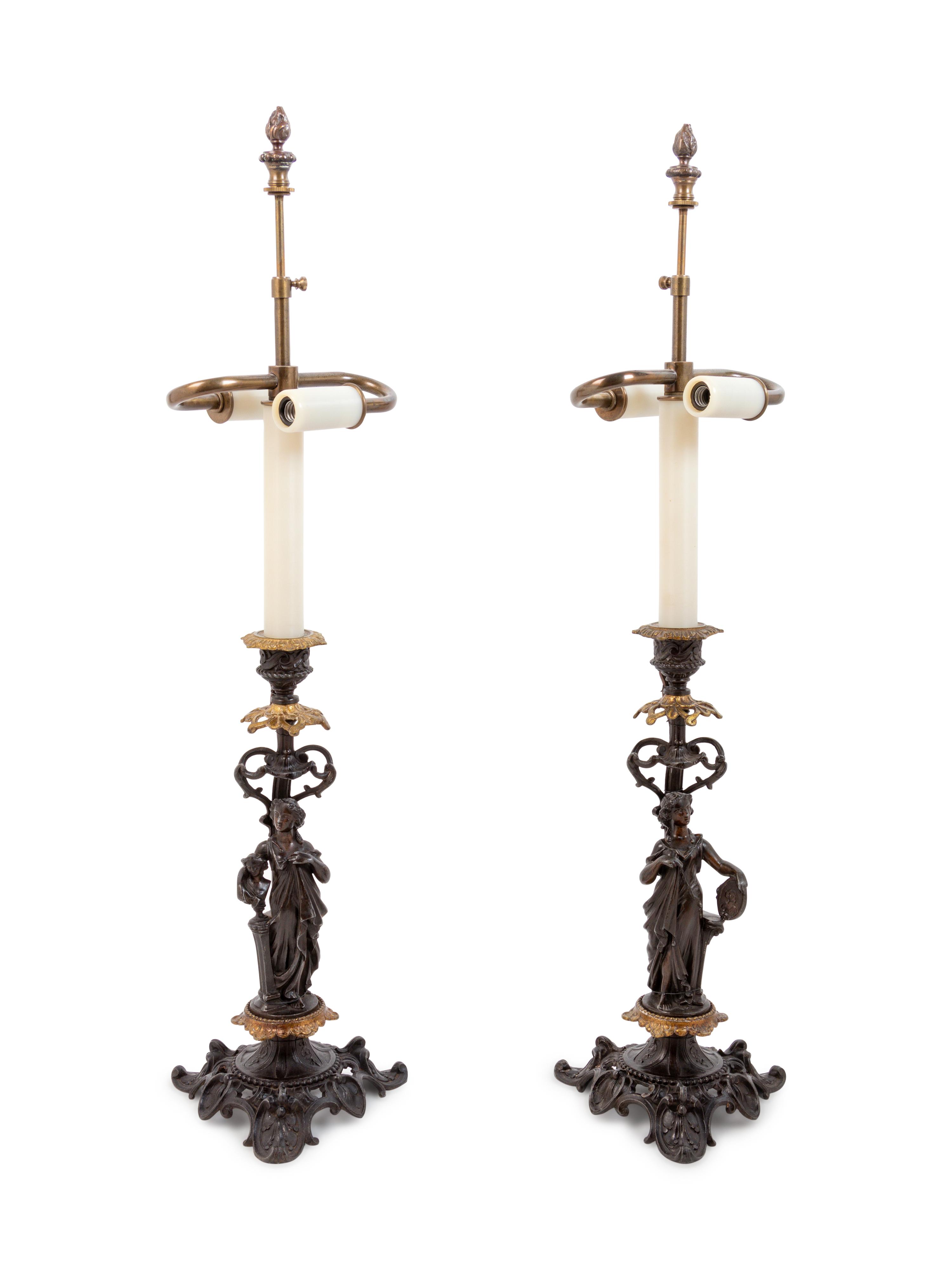 A Pair of French Gilt and Patinated Bronze Figures Mounted as Lamps