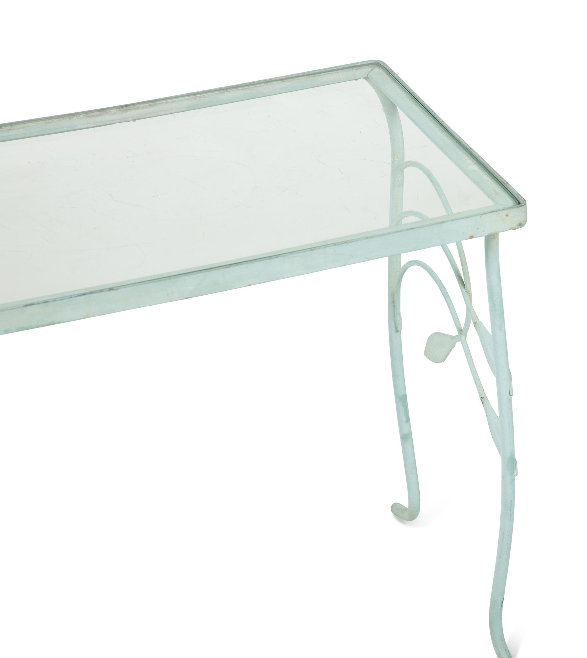 A Nest of Three Salterini Laurel Wrought Iron and Glass Top Tables