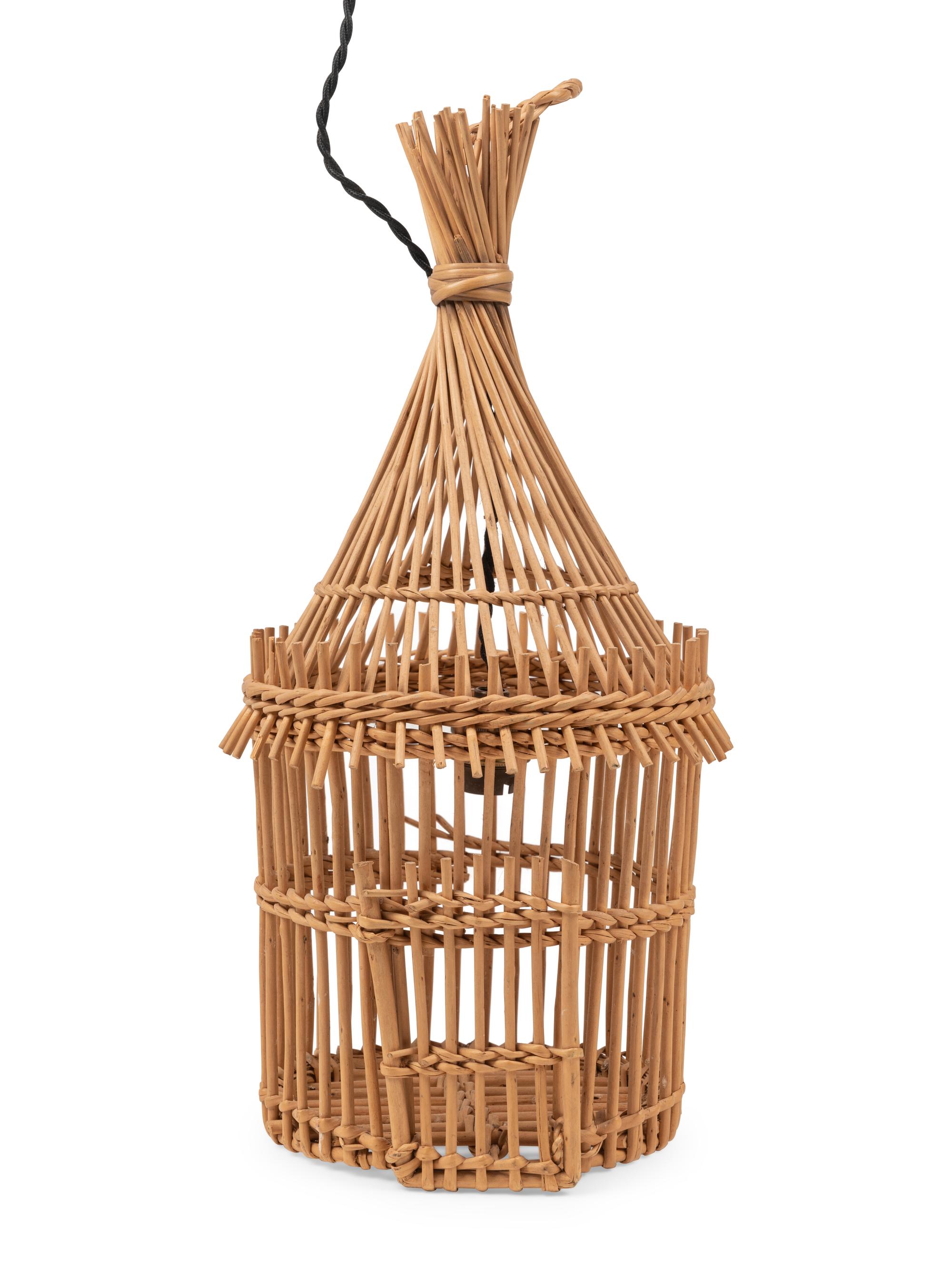 A Small Rattan Bird Cage Wired as a Pendant Light Fixture