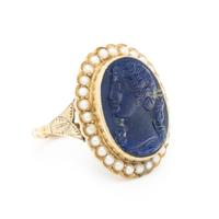 LAPIS LAZULI CAMEO AND SEED PEARL RING