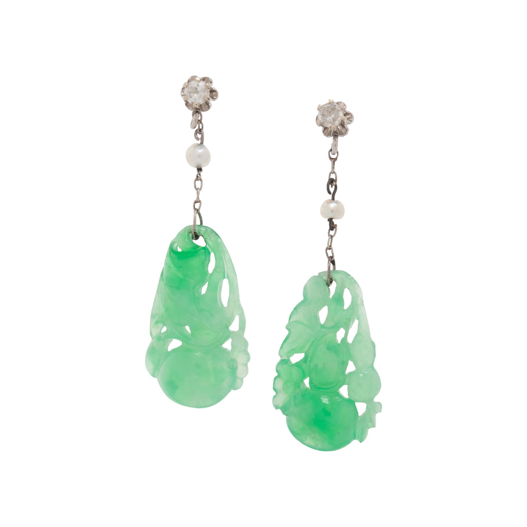 ANTIQUE, JADE, DIAMOND AND SEED PEARL EARRINGS