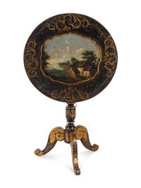 A Continental Ebonized, Parcel Gilt and Painted Tilt-Top Table
