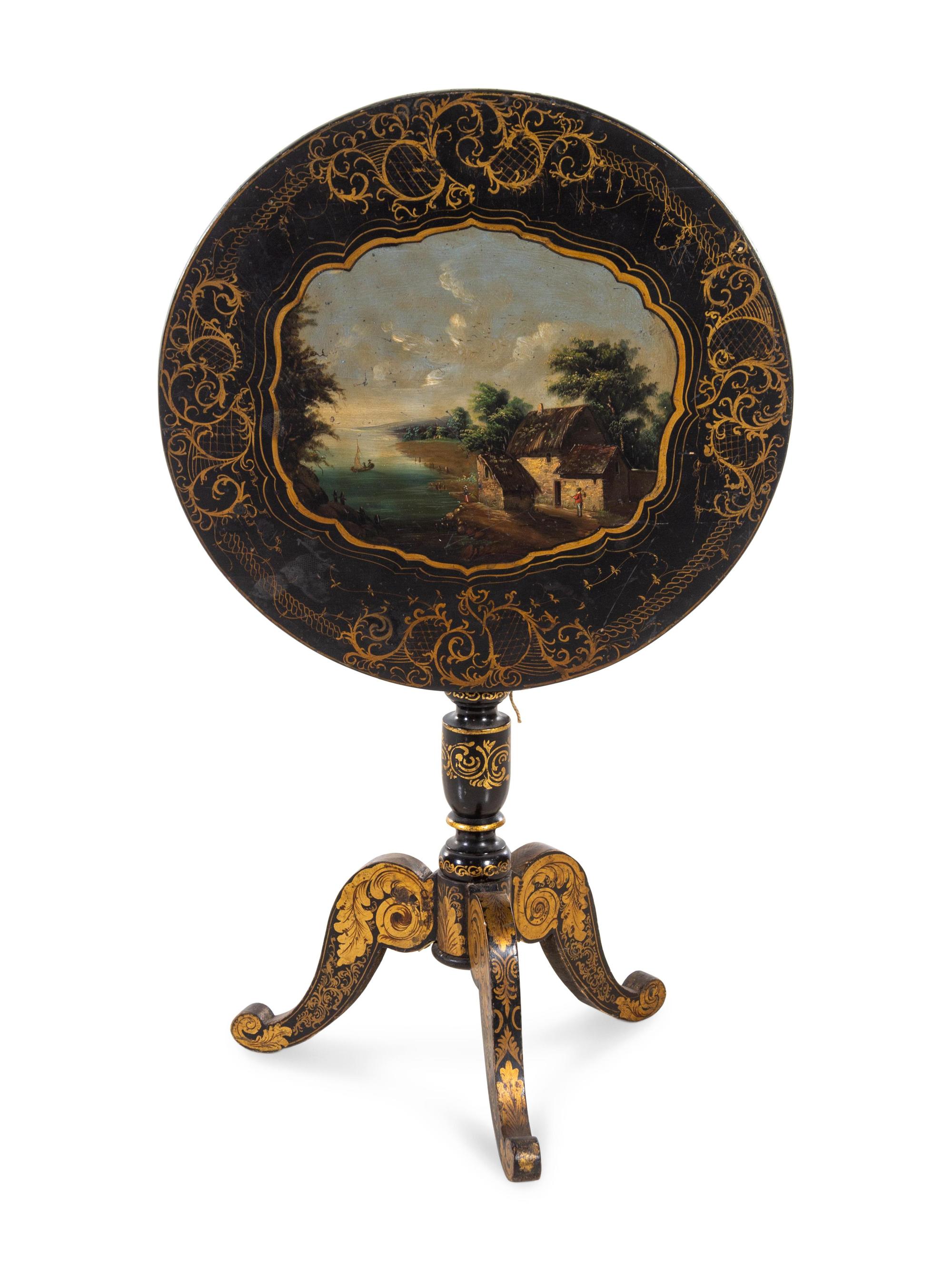 A Continental Ebonized, Parcel Gilt and Painted Tilt-Top Table