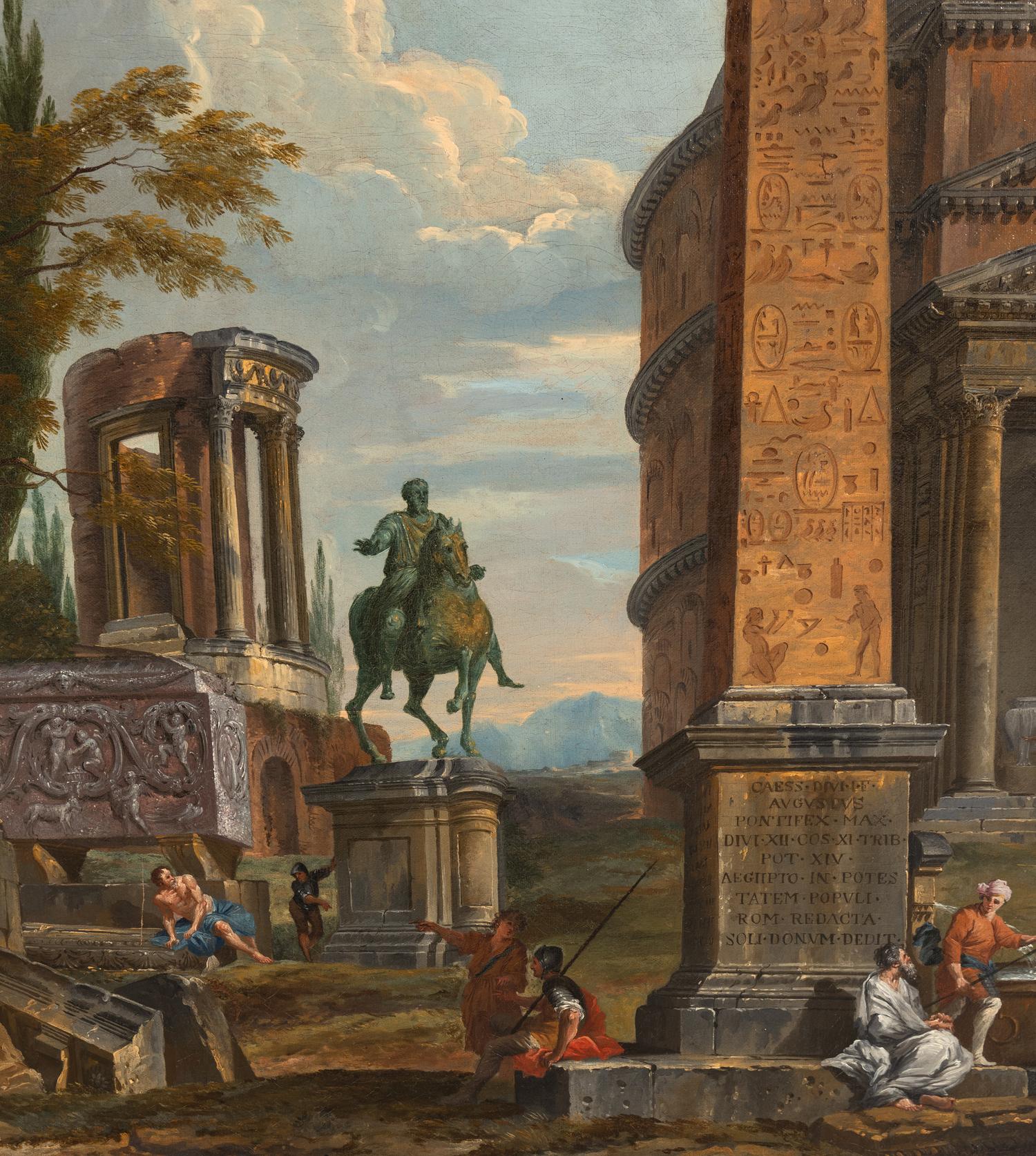 A Capriccio With Figures Gathered Around the Obelisk of Augustus, a View of the Pantheon, the Statue of Marcus Aurelius and the Temple of Sybil, Tivoli
