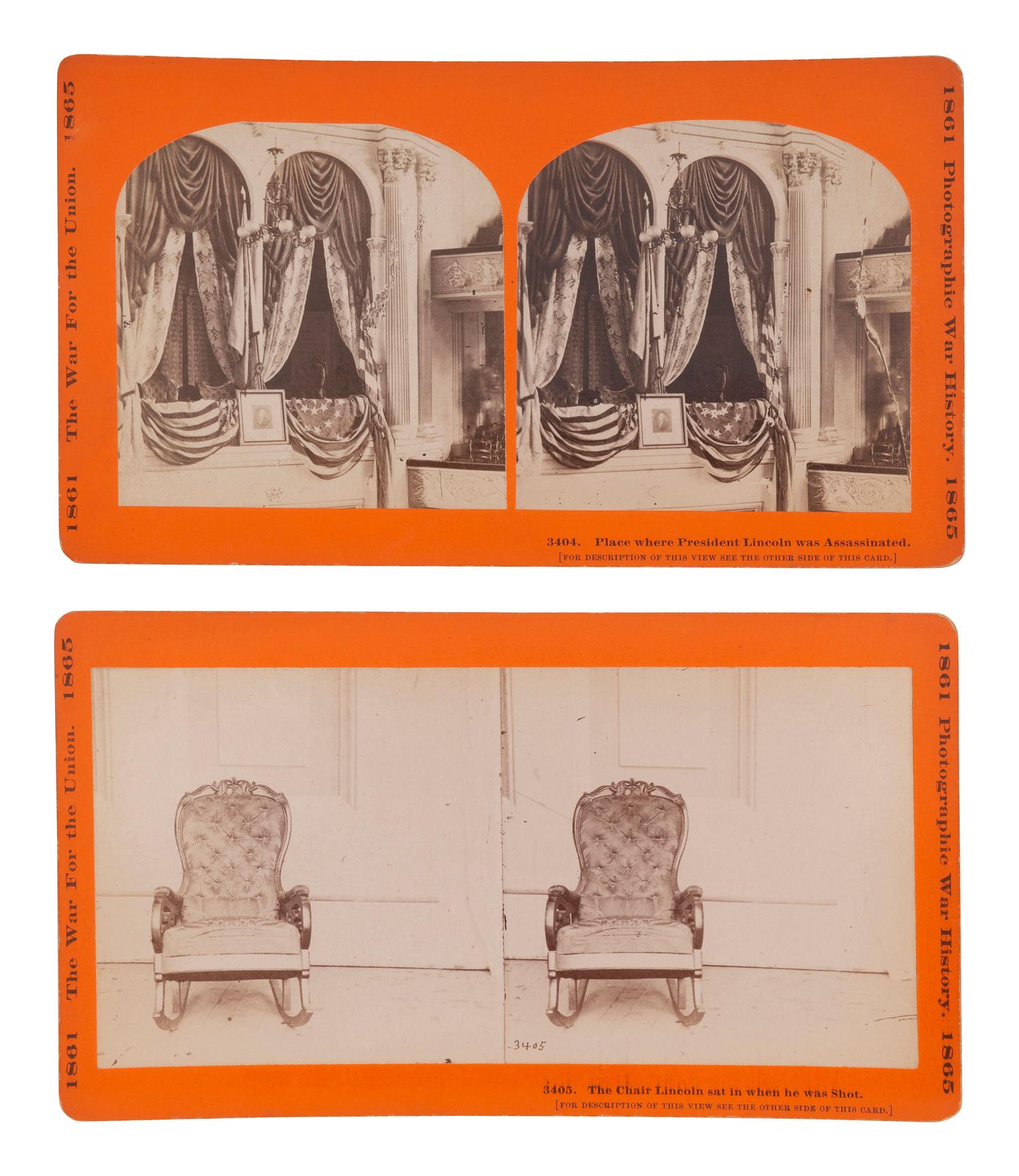 [LINCOLN, Abraham (1809-1865)]. A group of 2 stereoviews of Lincoln's private box and chair in which he was assassinated at Ford's Theater. Hartford, CT: Taylor & Huntington, ca 1890s.