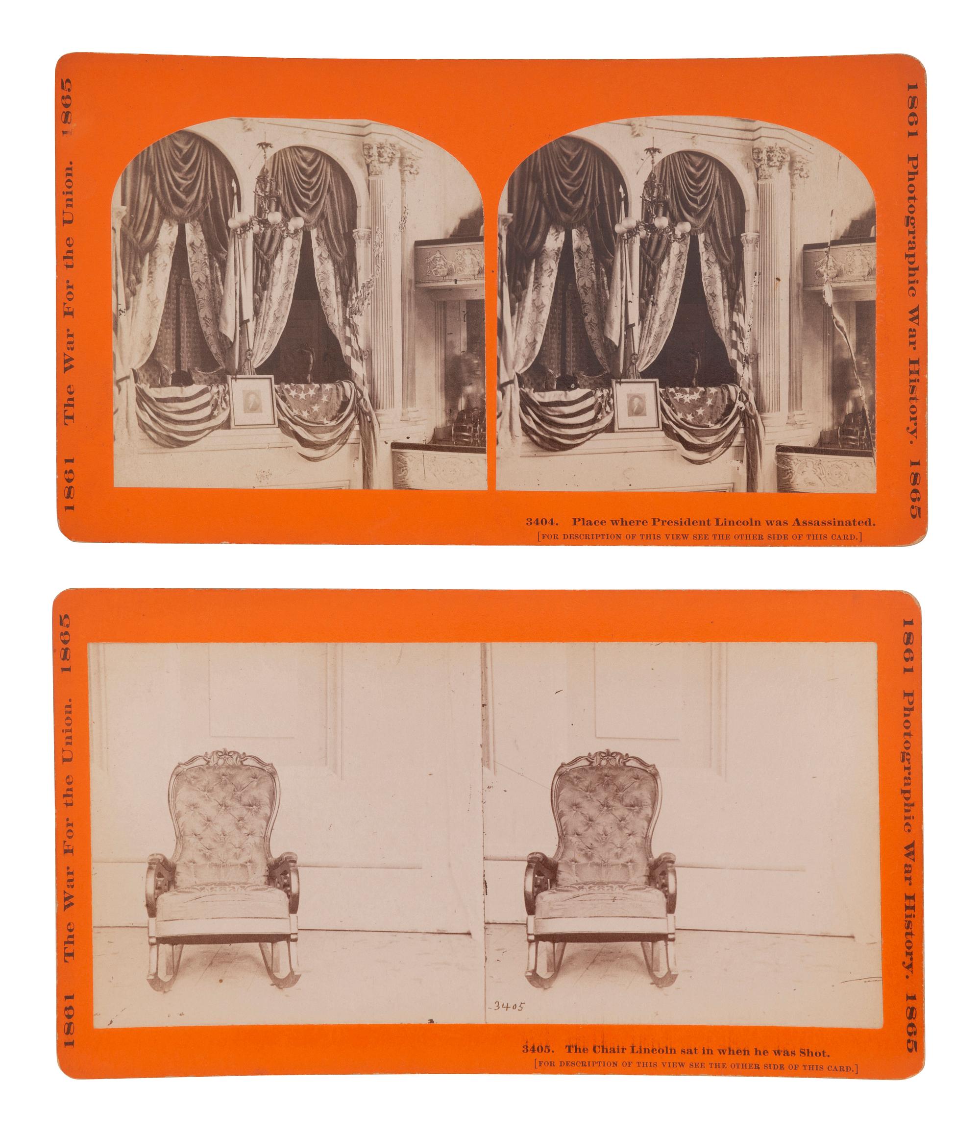 [LINCOLN, Abraham (1809-1865)]. A group of 2 stereoviews of Lincoln's private box and chair in which he was assassinated at Ford's Theater. Hartford, CT: Taylor & Huntington, ca 1890s.