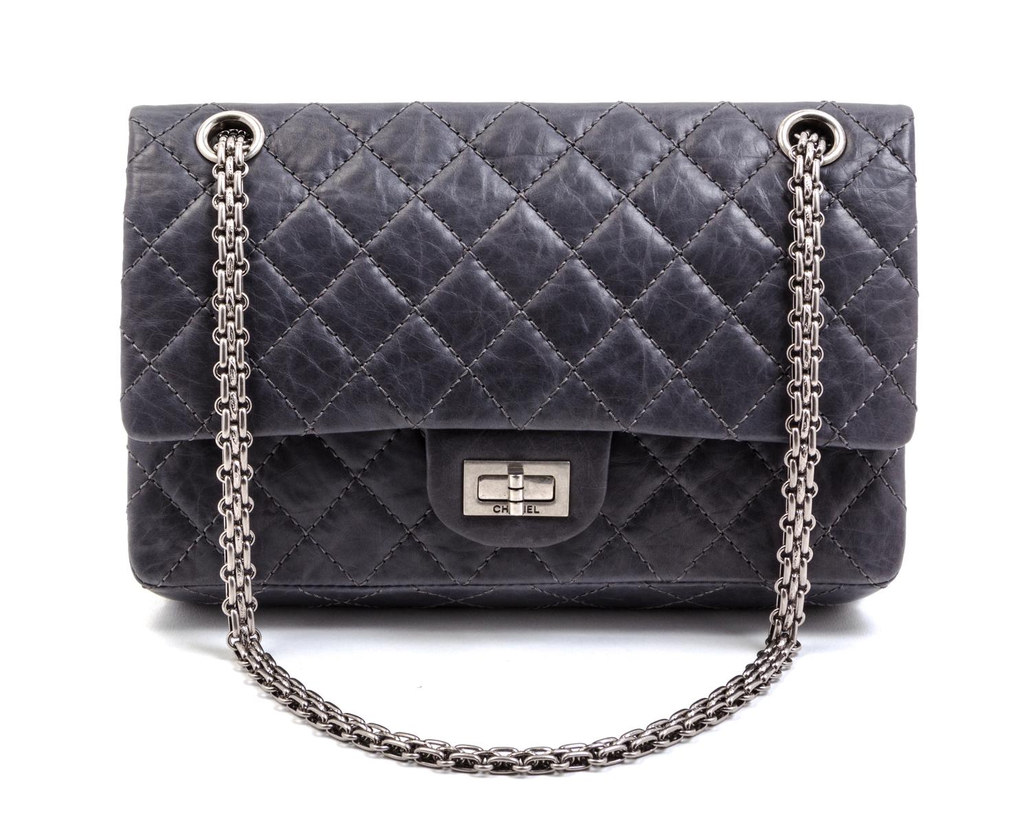 A Chanel Grey Quilted Leather Double Flap Bag, 9 x 6 x 2 inches.
