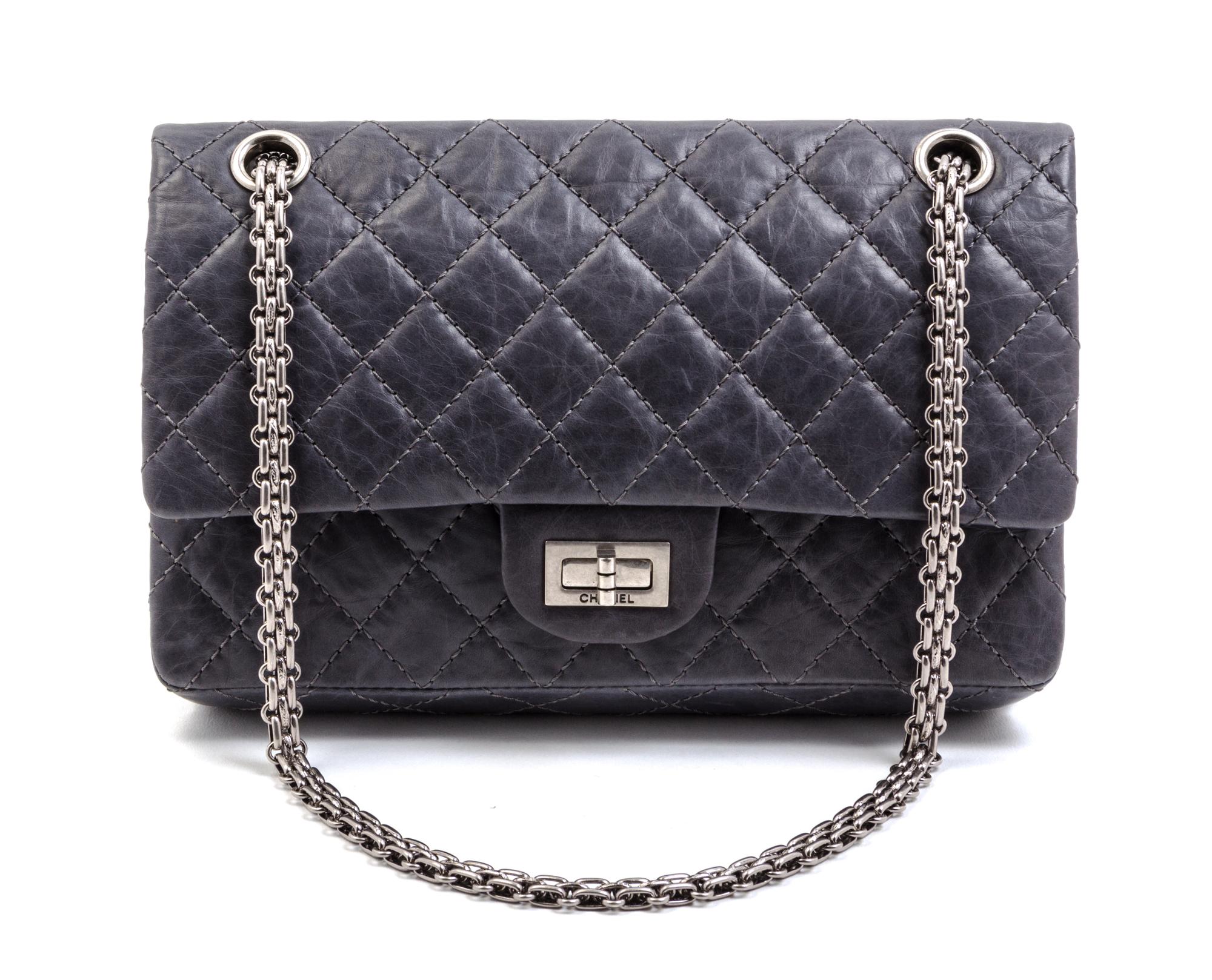 A Chanel Grey Quilted Leather Double Flap Bag, 9 x 6 x 2 inches.