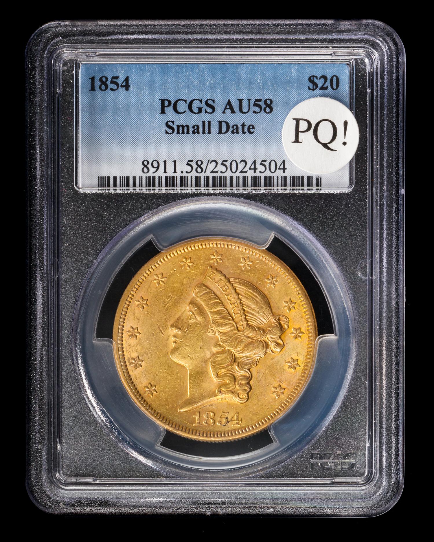 A United States 1854 Liberty Head: Small Date $20 Gold Coin