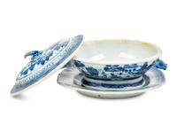 A Small Chinese Export Canton Blue and White Soup Tureen and Undertray