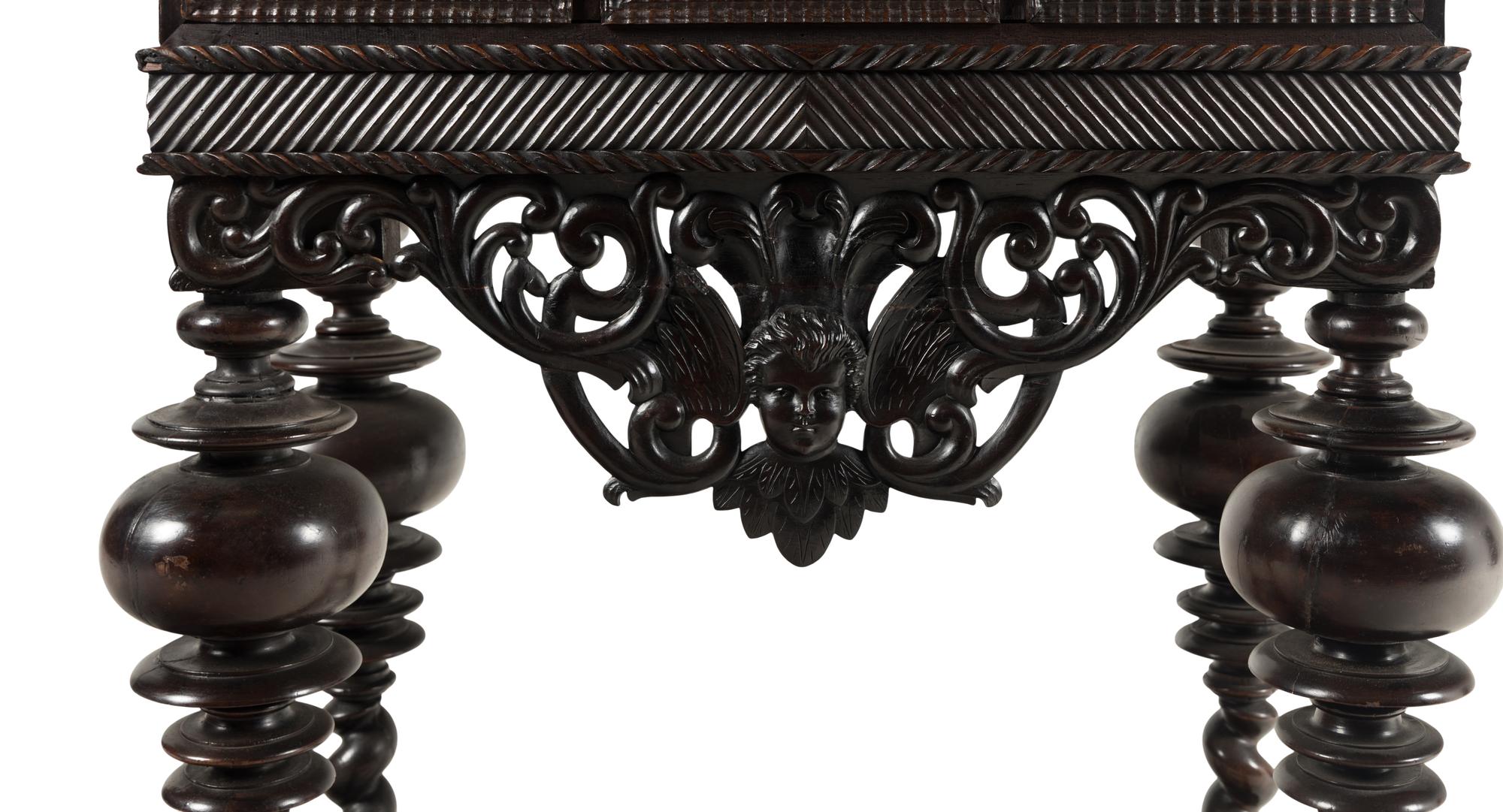 A Portuguese Baroque Style Carved Walnut Cabinet on Stand