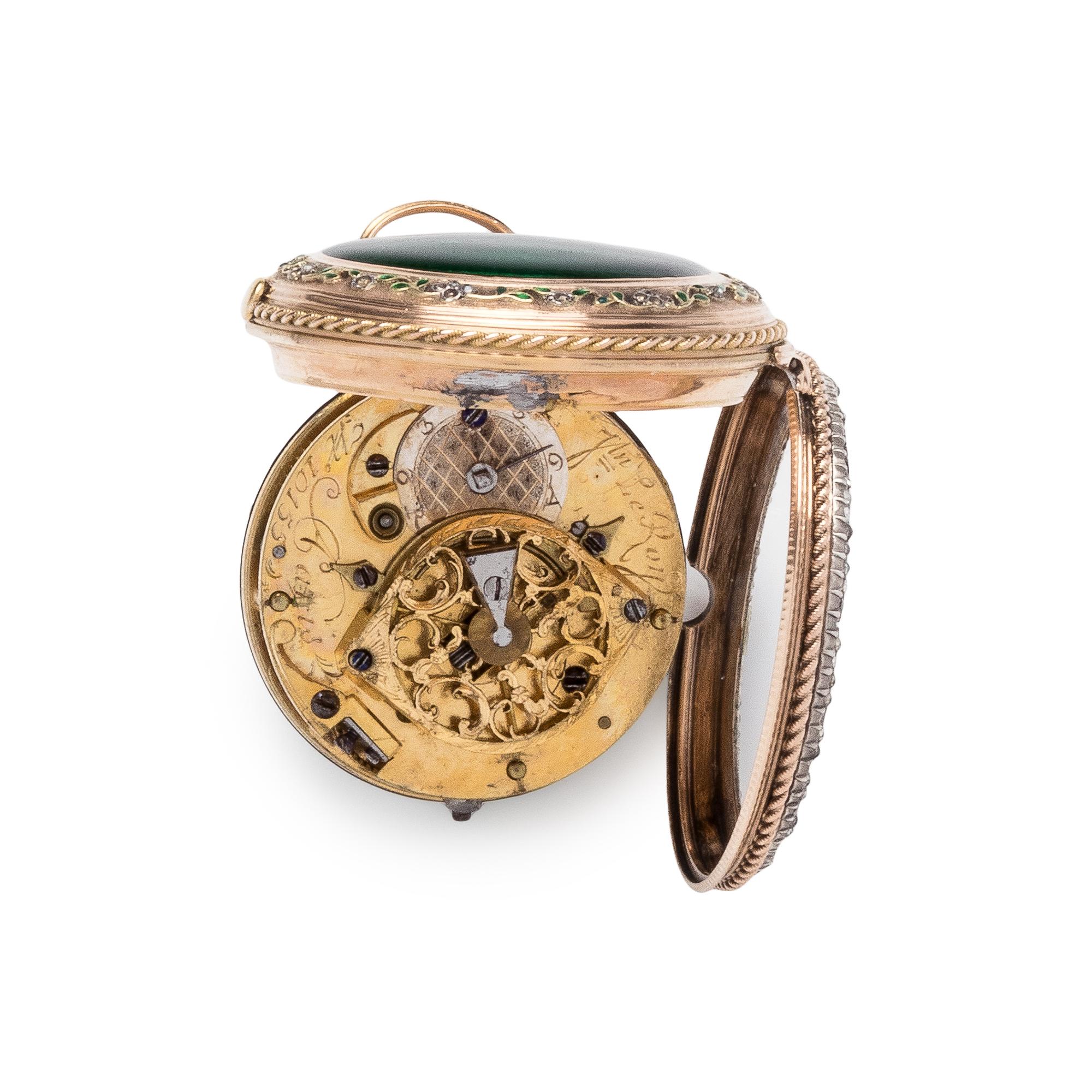 JULIEN LE ROY, PASTE AND ENAMEL OPEN FACE POCKET WATCH