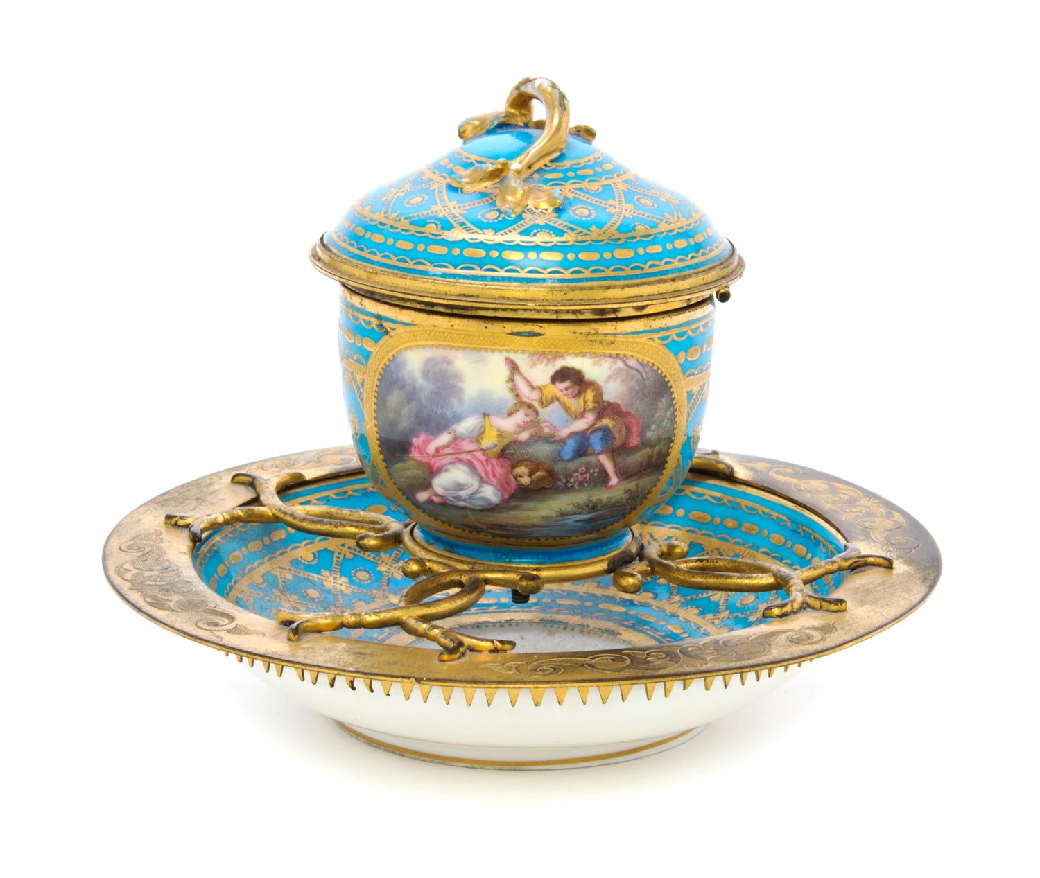A Sevres Style Gilt Metal Mounted Porcelain Ink Stand, Height 5 inches.