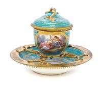 A Sevres Style Gilt Metal Mounted Porcelain Ink Stand, Height 5 inches.